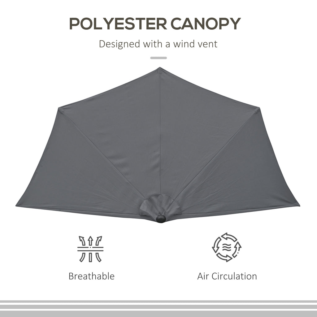 9.8ft Half Umbrella Semi Round Patio Parasol with Crank Handle, Top Vent for Garden, Balcony- NO BASE INCLUDED, Grey
