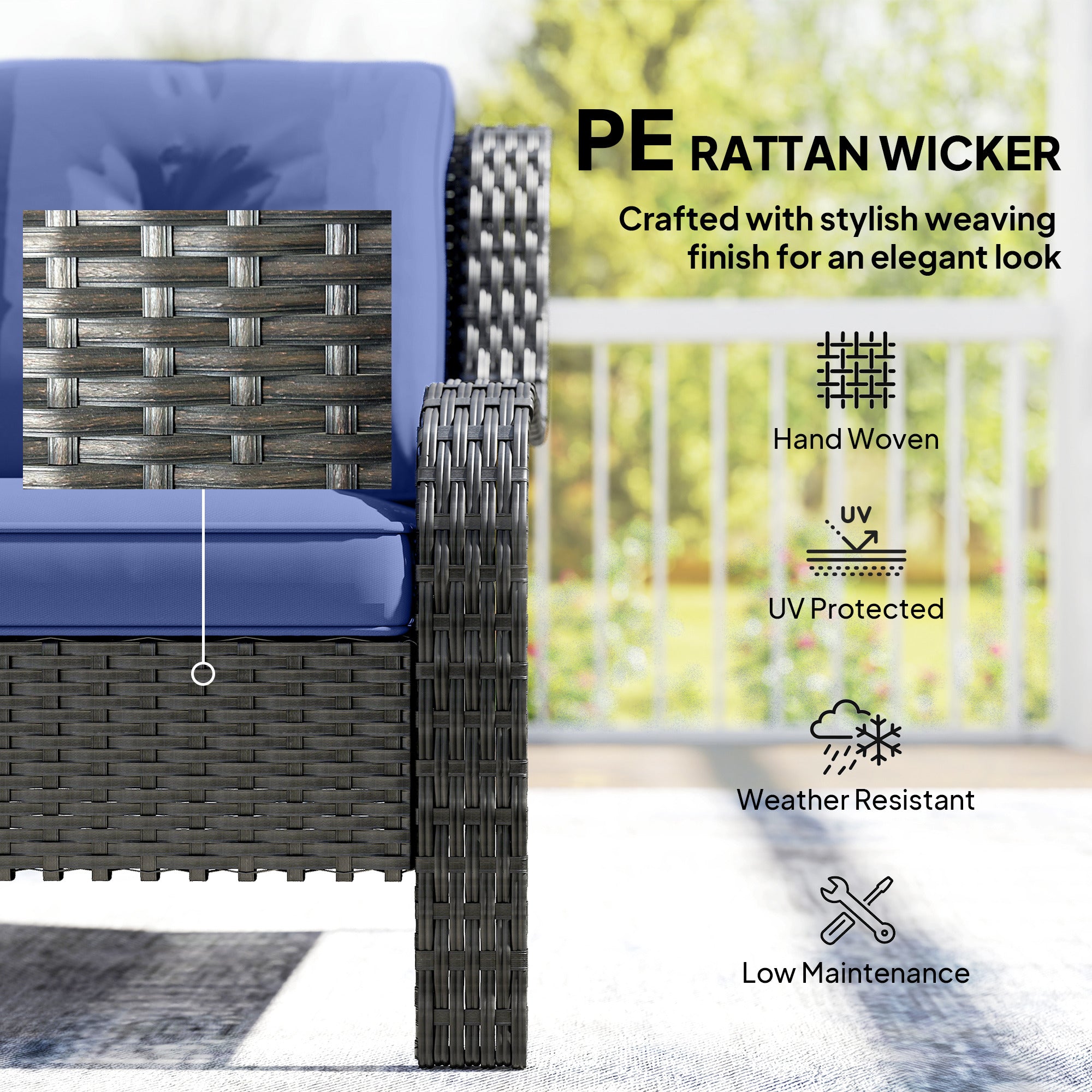Wicker Patio Sofa with Cushions, 3 Seater Rattan Outdoor Couch for Patio, Garden, Porch, Backyard, Deep Blue