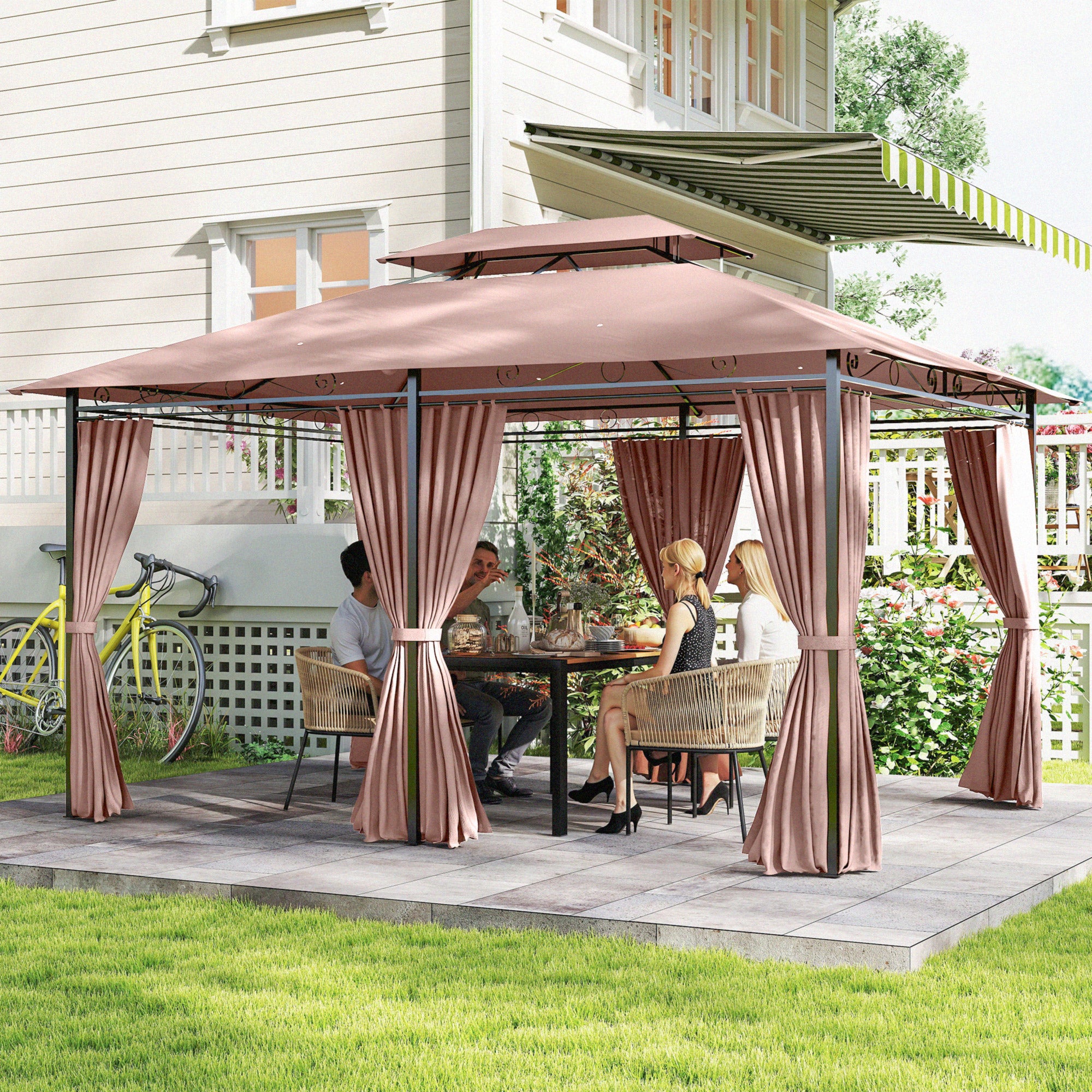 10' x 13' Patio Gazebo, Outdoor 2-Tiers Garden Canopy Yard Sunshade Shelter with Curtains, Khaki