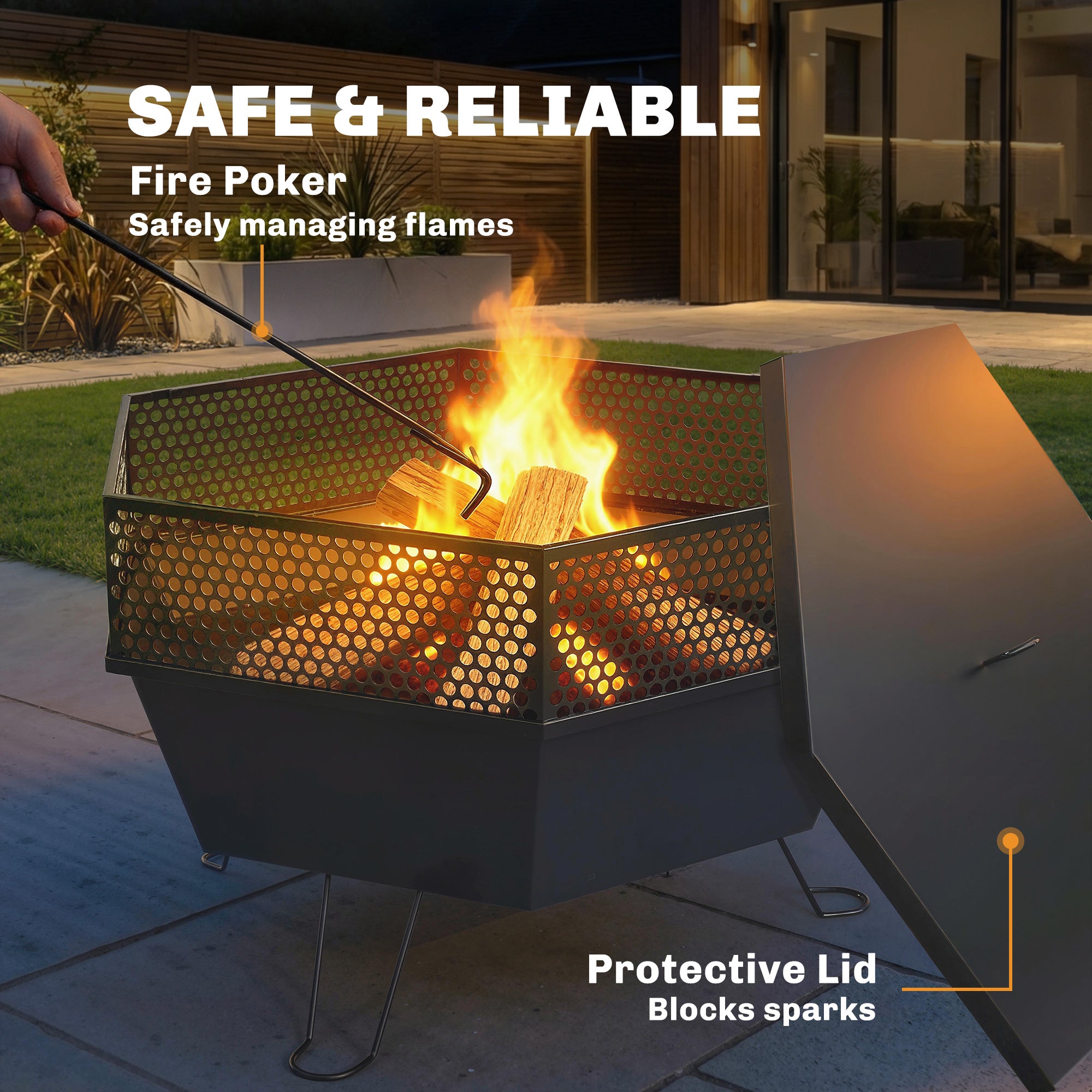 20" Fire Pit with Fire Poker, Foldable Wood Burning Firepits with Lid, Portable Firepit, Black