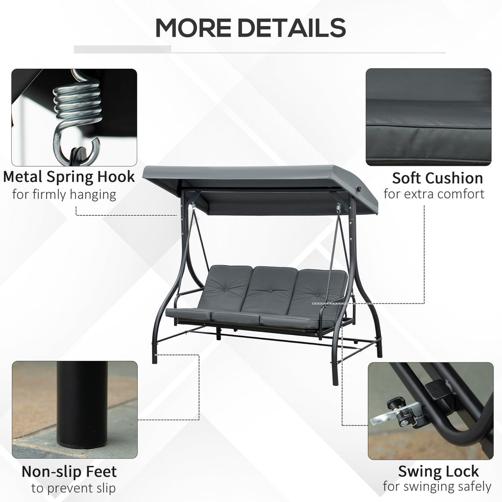 Convertible Patio Swing Bed with Canopy and Cushions, 3 Seater Porch Swing for Outdoor, Backyard, Garden, Dark Grey