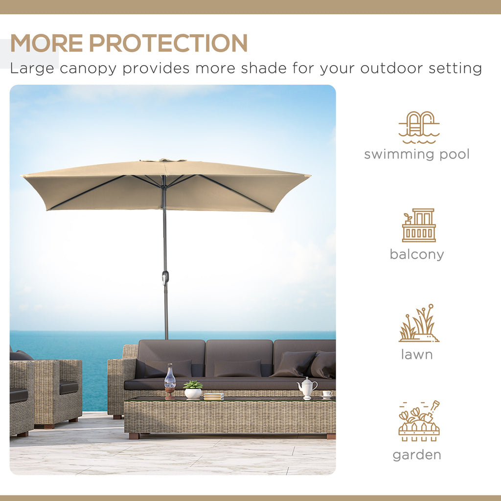 6.5x10ft Patio Umbrella, Rectangle Market Umbrella with Aluminum Frame and Crank Handle, Garden Parasol Outdoor Sunshade Canopy, Tan