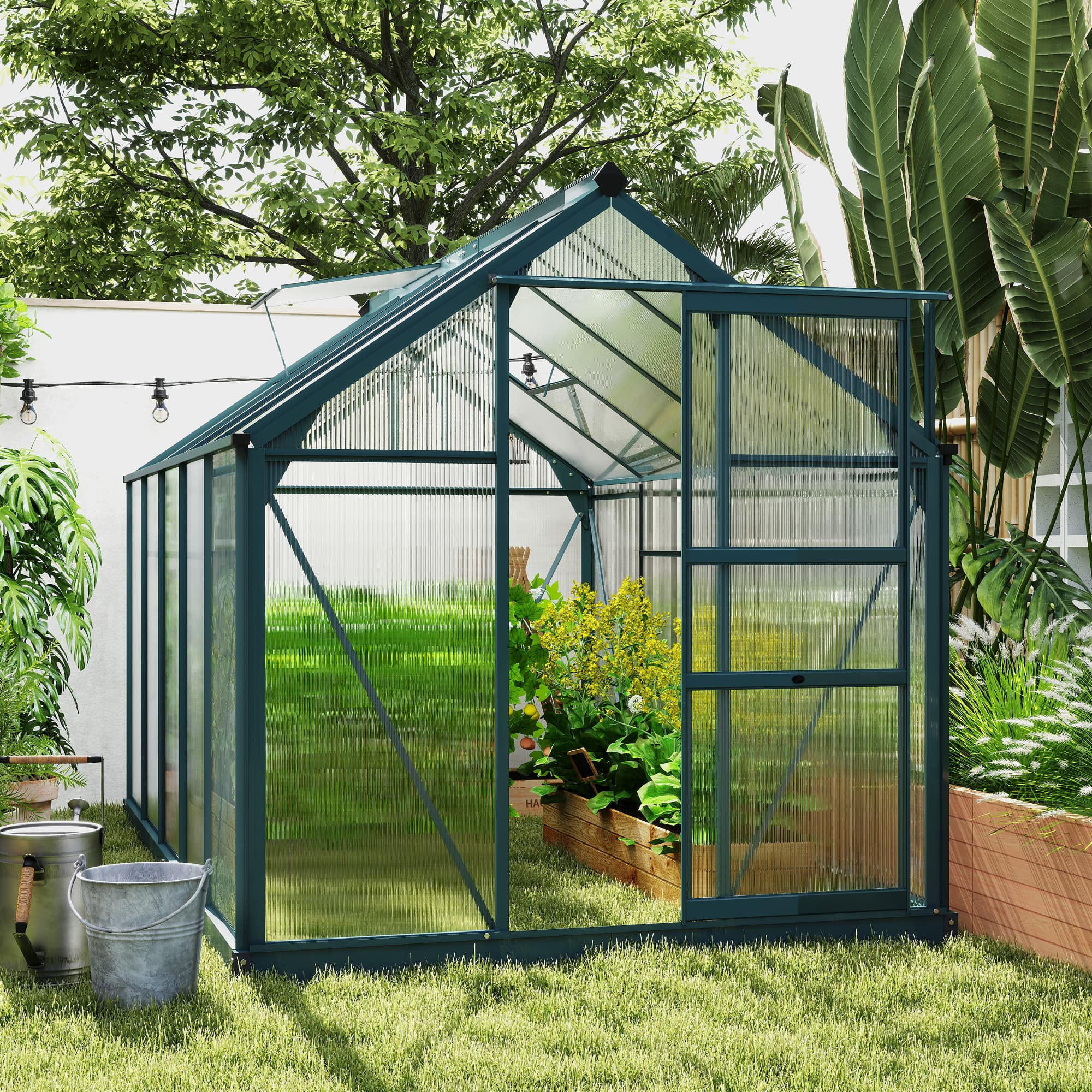 6' x 10' x 6.6' Polycarbonate Greenhouse, Walk-In Green House Kit Garden, Plants Grow, Galvanized Sheet Aluminum Frame with Rain Gutter, Vents and Sliding Door, Green