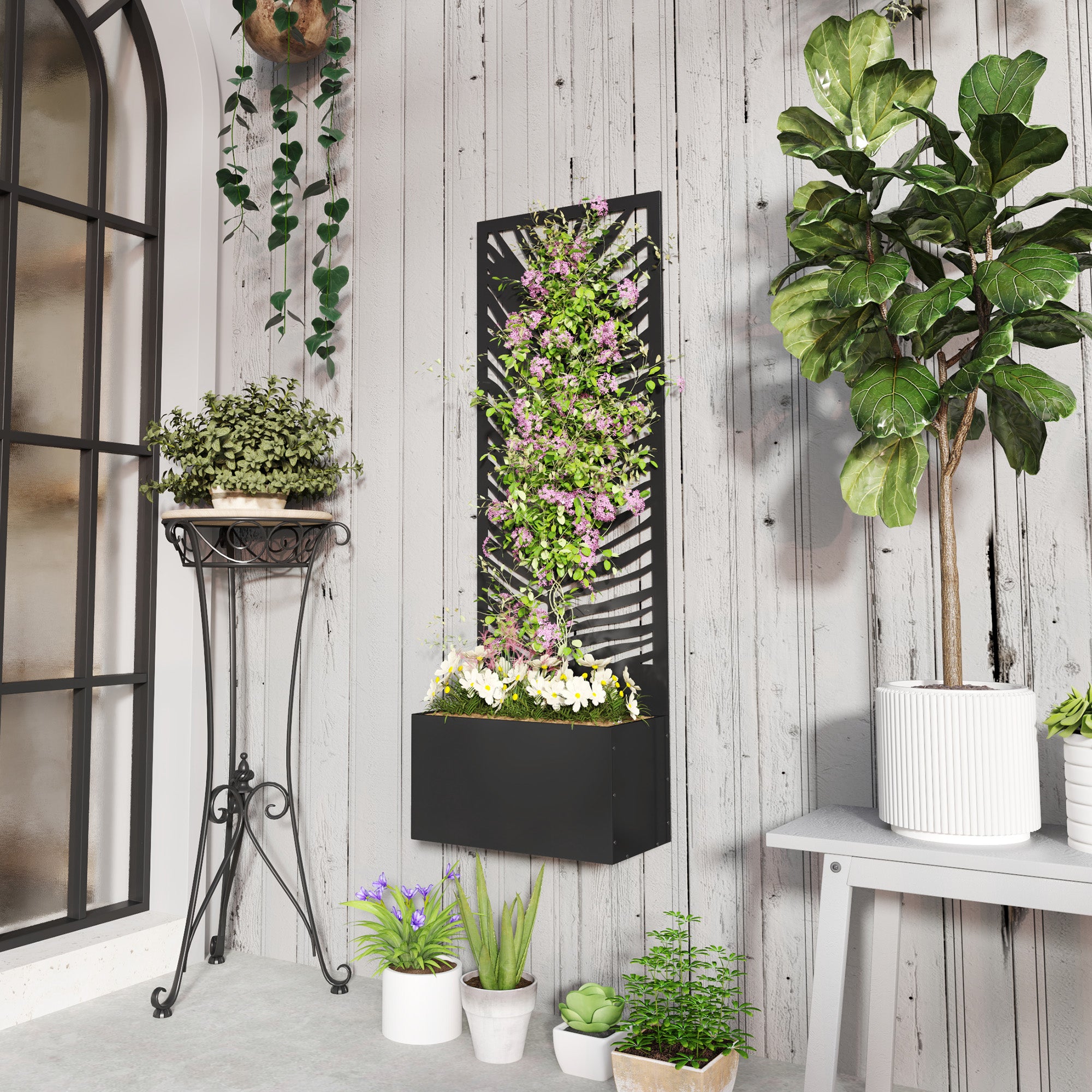 Raised Garden Bed with Outdoor Privacy Screen, Metal Planter Box with Trellis, Wall-Mounted or Freestanding, Black