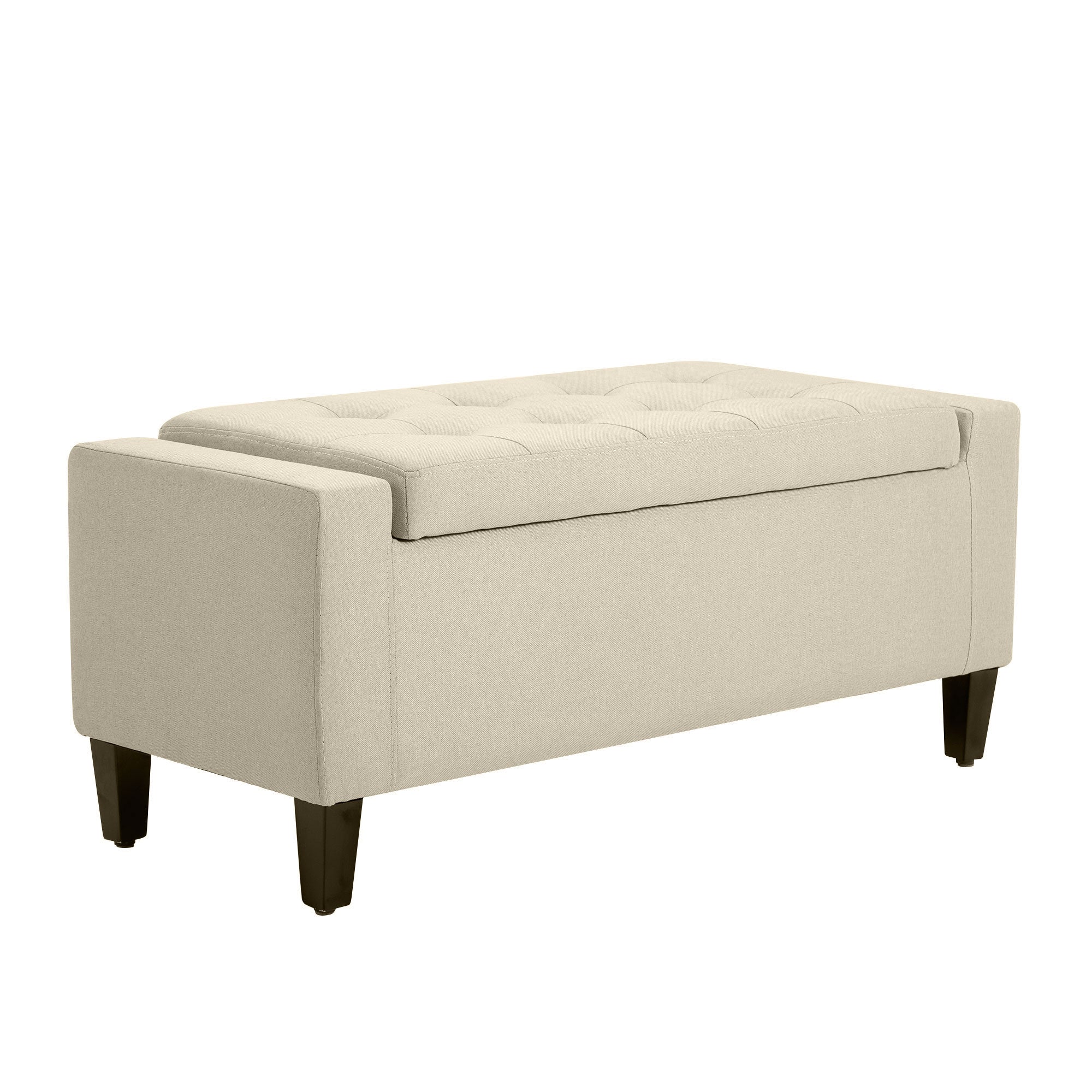 36" Storage Ottoman Bench, Linen-Look Fabric End of Bed Bench with Solid Wood Frame and Legs, Tufted Storage Chest, Footrest for Living Room, Bedroom, Entryway, Beige