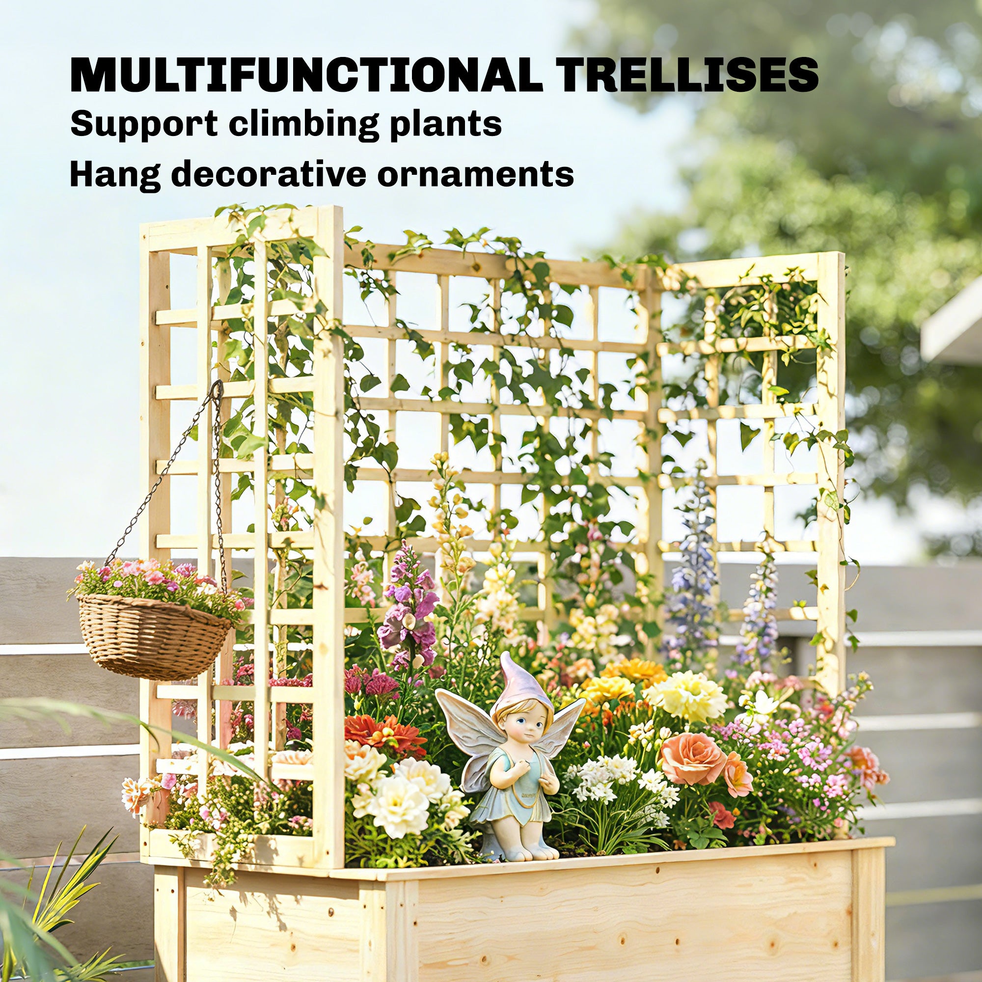 Wooden Raised Garden Bed with 3 Trellises, Outdoor Raised Planter with Drainage Holes
