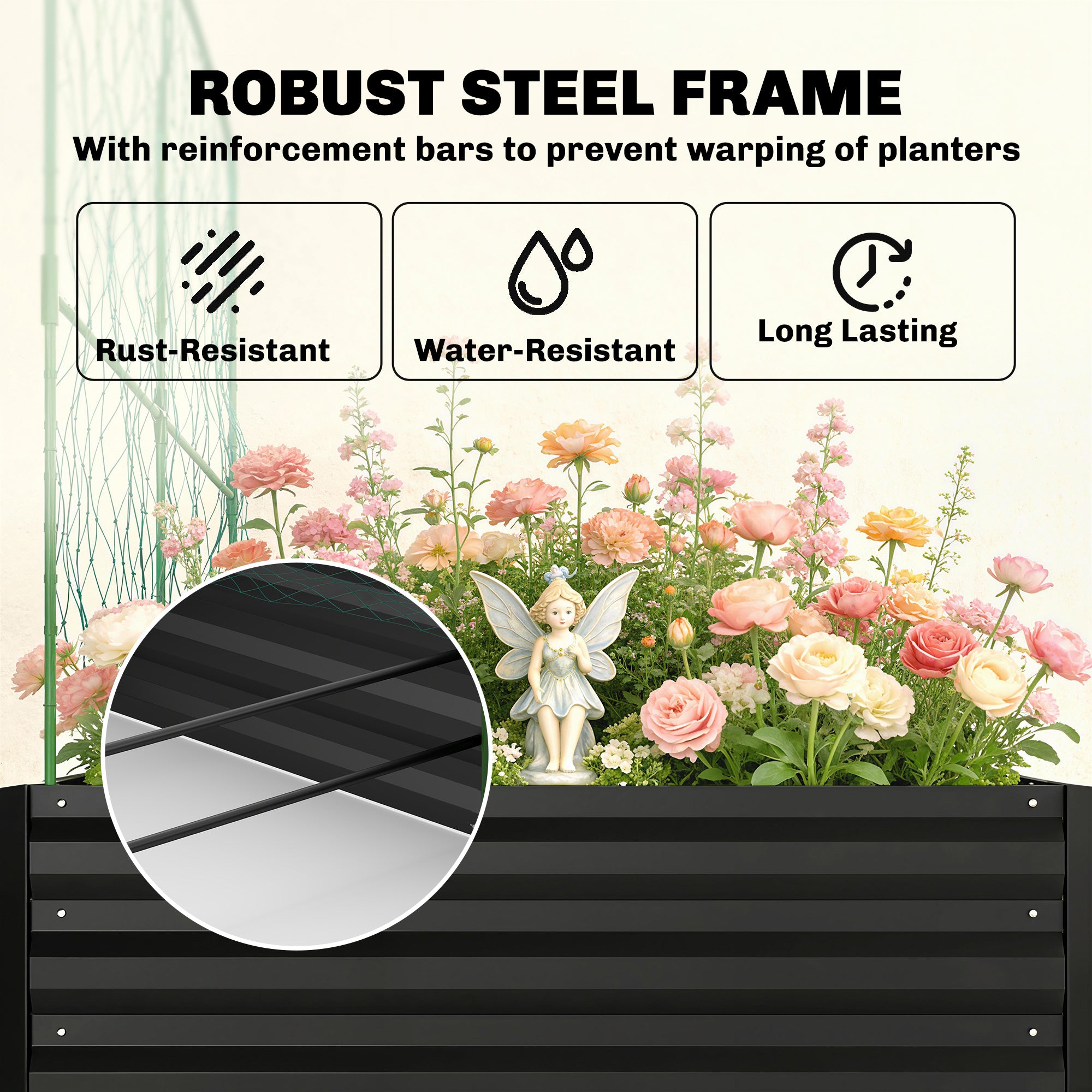 Metal Raised Garden Bed with Trellis, Galvanized Garden Bed Kit Outdoor Garden Box with Trellis, Black