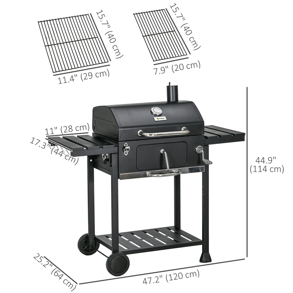 Charcoal BBQ Grill Smoker with Adjustable Charcoal Pan and Galvanised Steel Shell, Barbecue Grill Trolley with Storage