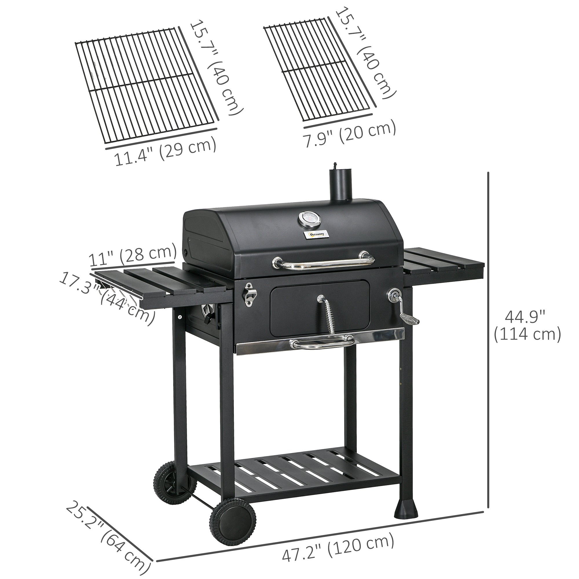 Charcoal BBQ Grill Smoker with Adjustable Charcoal Pan and Galvanised Steel Shell, Barbecue Grill Trolley with Storage