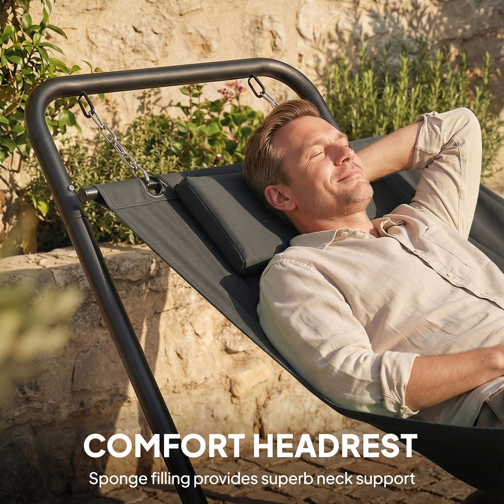 Outdoor Hammock with Stand Heavy Duty Freestanding Nap Bed with Side Pocket Headrest for Yard Patio Pool, Dark Grey
