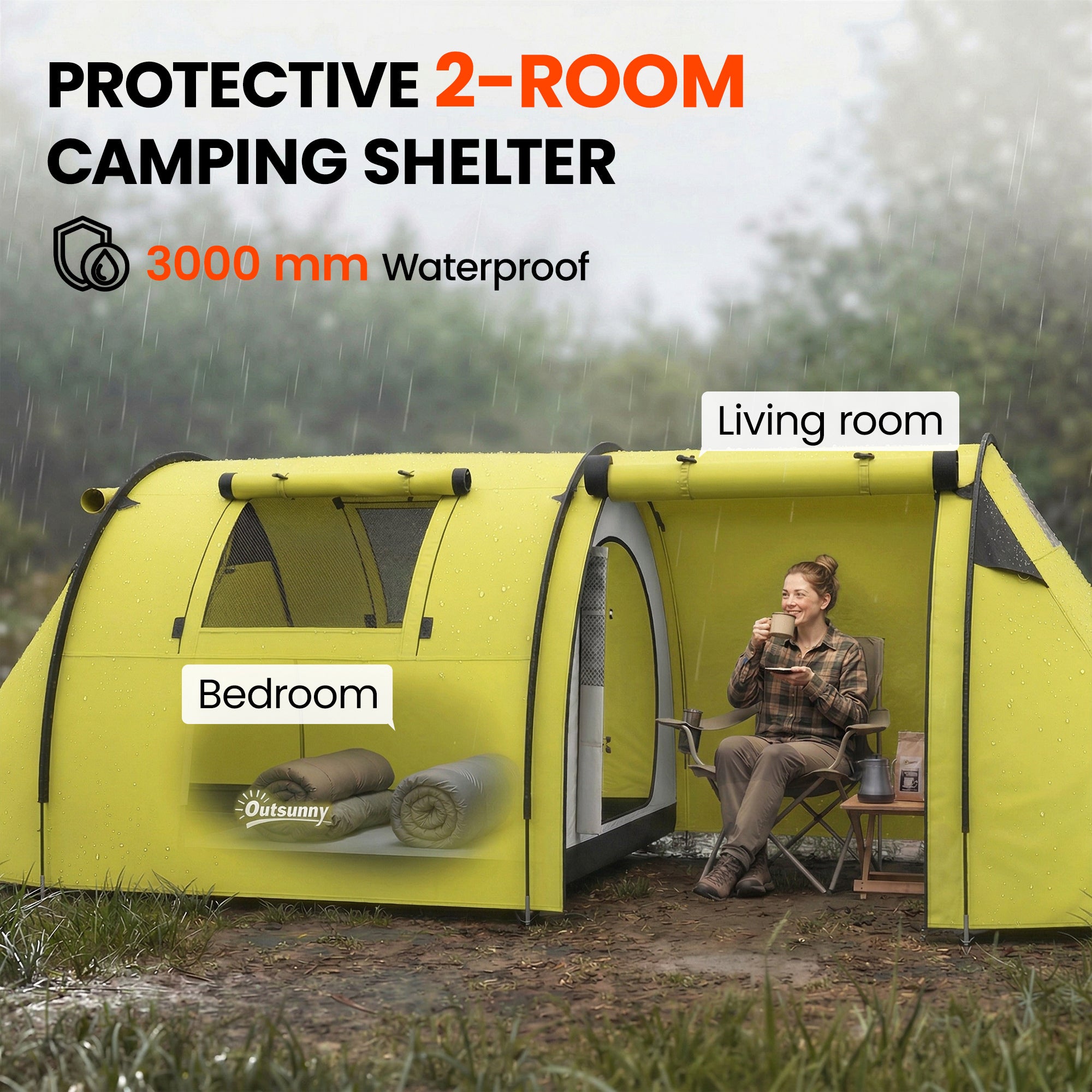 3-4 Person Camping Tent with 2 Rooms, 3000mm Waterproof Portable Family Tent with Carry Bag, Yellow