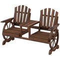 Wooden Outdoor Loveseat, Wagon Wheel Outdoor Bench with Table, Carbonized