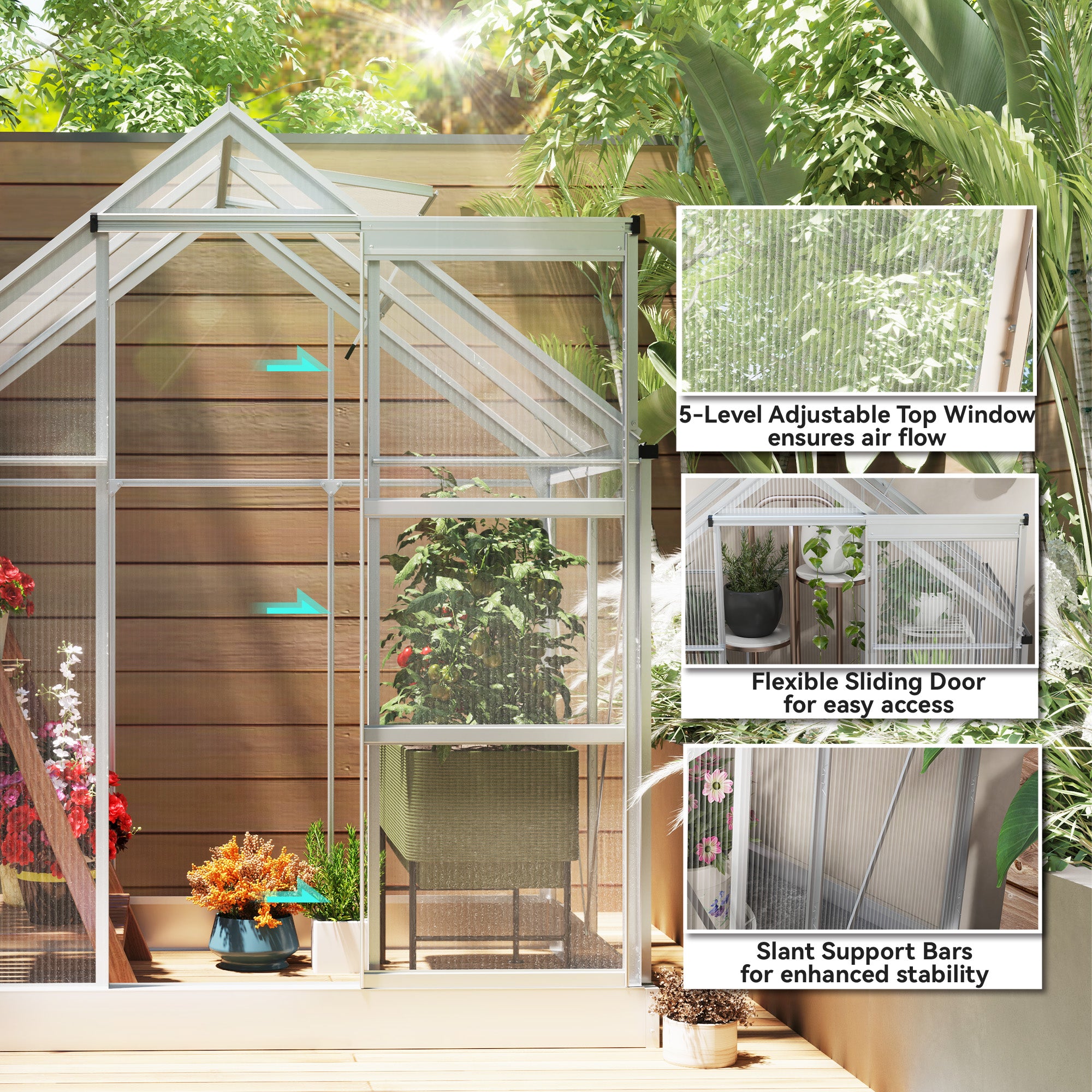 6' x 4' Walk-In Greenhouse, Polycarbonate Greenhouse with Sliding Door, Window, Aluminium Frame, Foundation, Silver