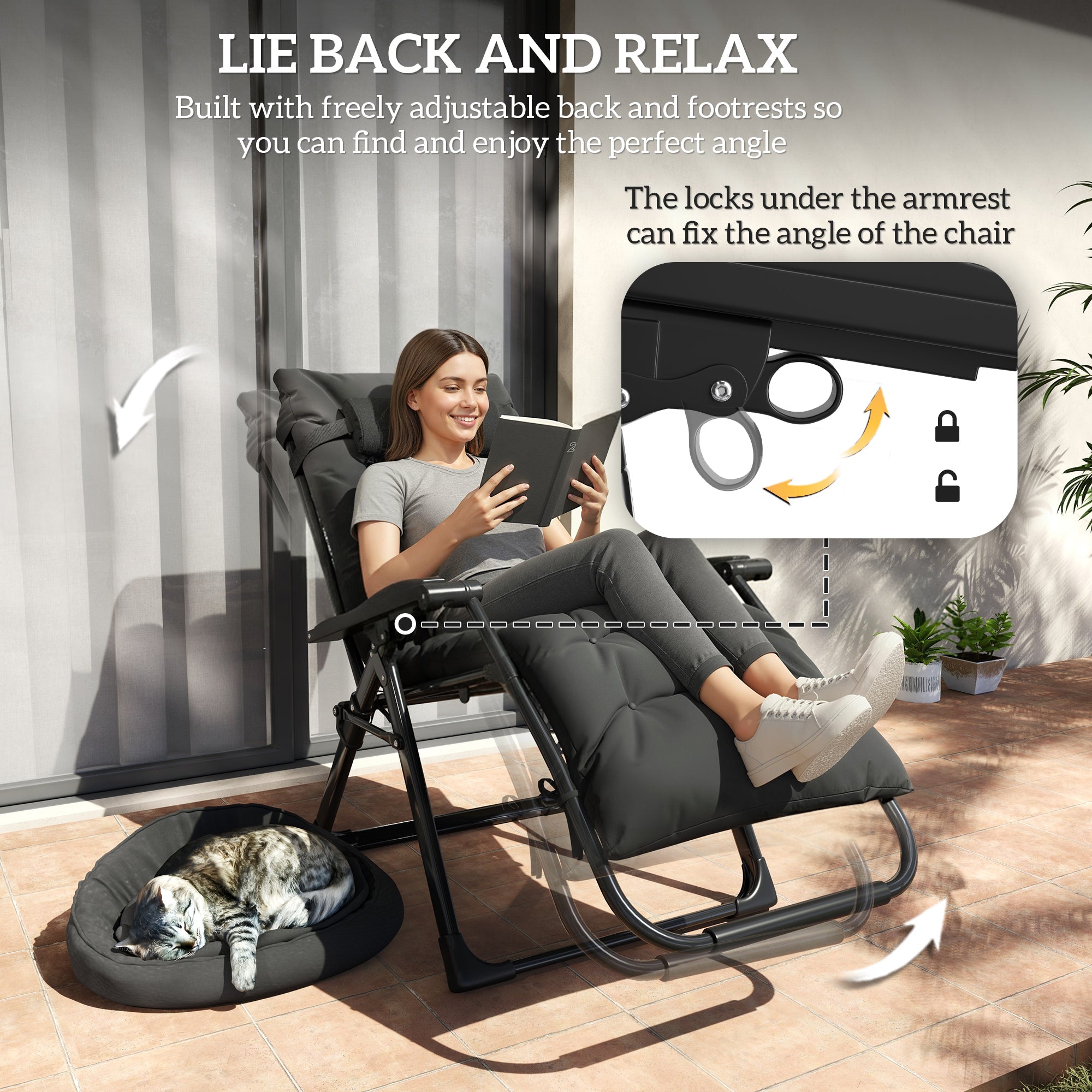 Folding Garden Chair, Reclining Zero Gravity Chair, Sun Lounger with Cushion and Headrest, Black