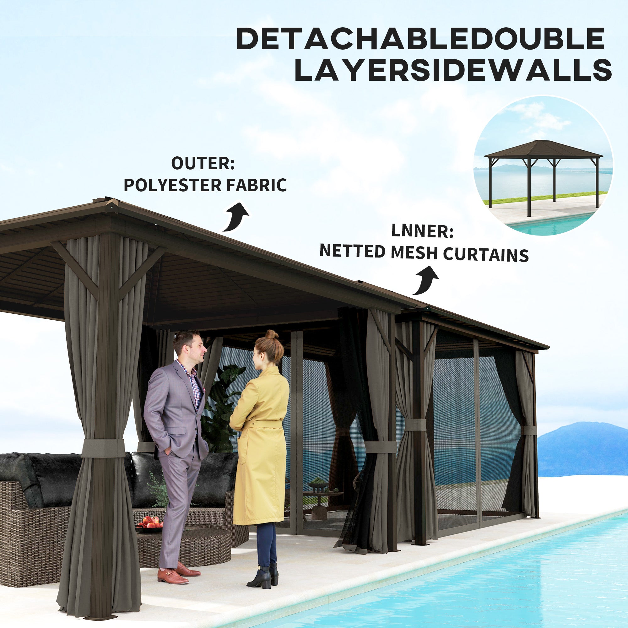 10' x 12' Deluxe Hardtop Gazebo with Metal Roof, Aluminum Frame Patio Gazebo Garden Sun Shelter Outdoor Pavilion with Curtains and Netting, Grey
