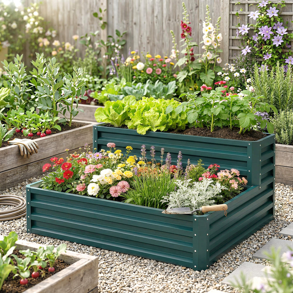 2 Tier Galvanized Raised Garden Bed, Steel Planter Box for Vegetables, Flowers, Herbs, 47" x 40" x 23", Green