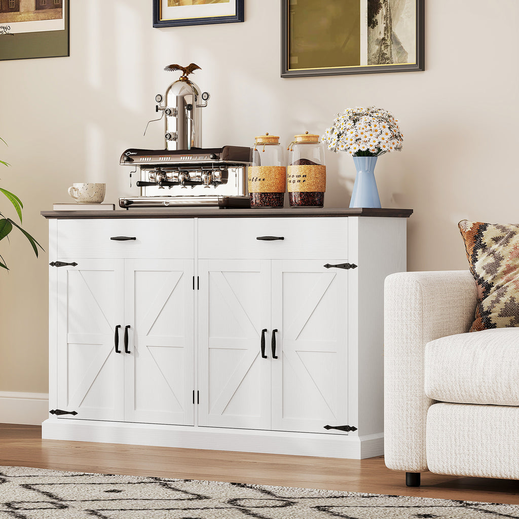 55" Buffet Cabinet, Farmhouse Sideboard with 1.2" Thick Top, 4 Barn Doors, 2 Drawers and 2 Adjustable Shelves, White