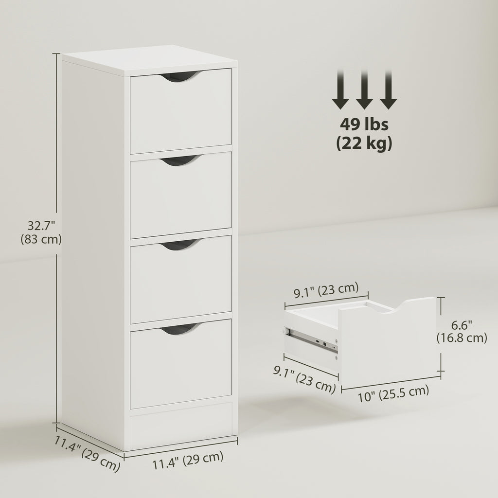 4-Drawer Bathroom Cabinet, Freestanding Narrow Storage Cabinet with Groove Handles for Small Spaces, White