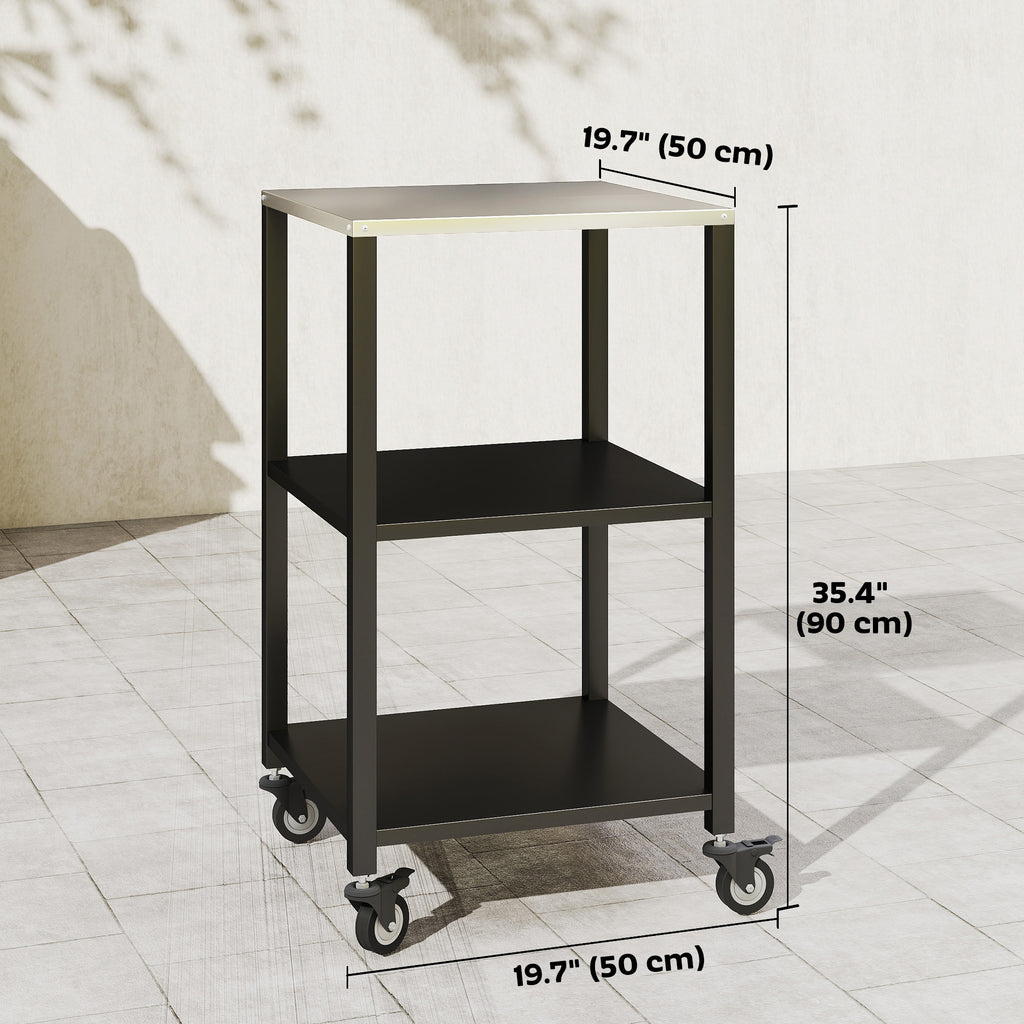 Outdoor Grill Cart, Pizza Oven Stand with Stainless Steel Top, 3-Tier Rolling Kitchen Prep Station with Wheels, Black