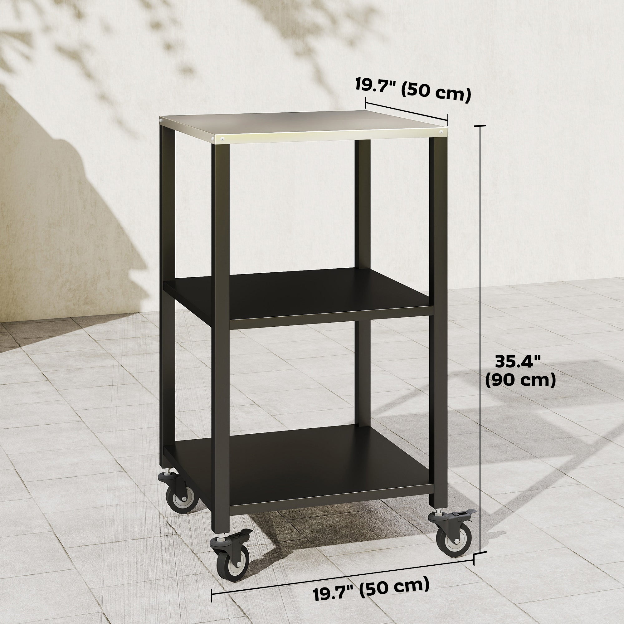 Outdoor Grill Cart, Pizza Oven Stand with Stainless Steel Top, 3-Tier Rolling Kitchen Prep Station with Wheels, Black
