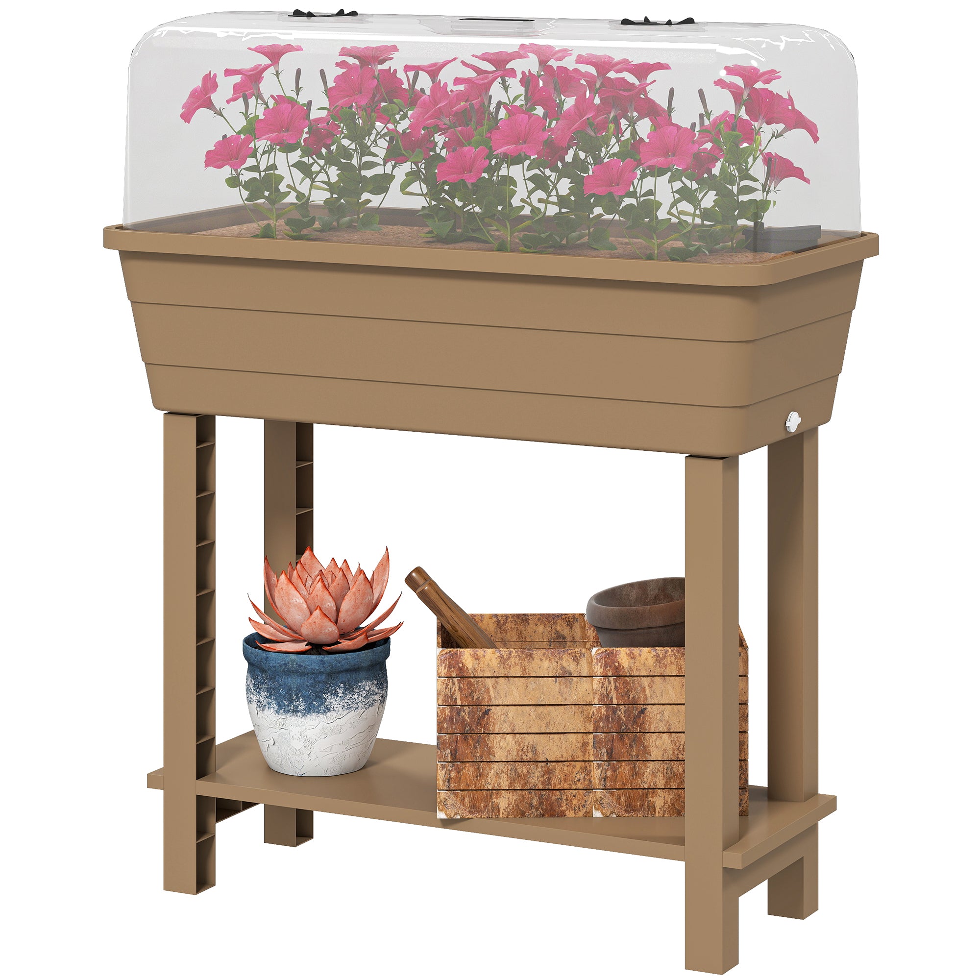 41L Self Watering Raised Garden Bed w/ Ventilation Transparent Lid Greenhouse, Planter Box w/ Storage Shelf, Brown