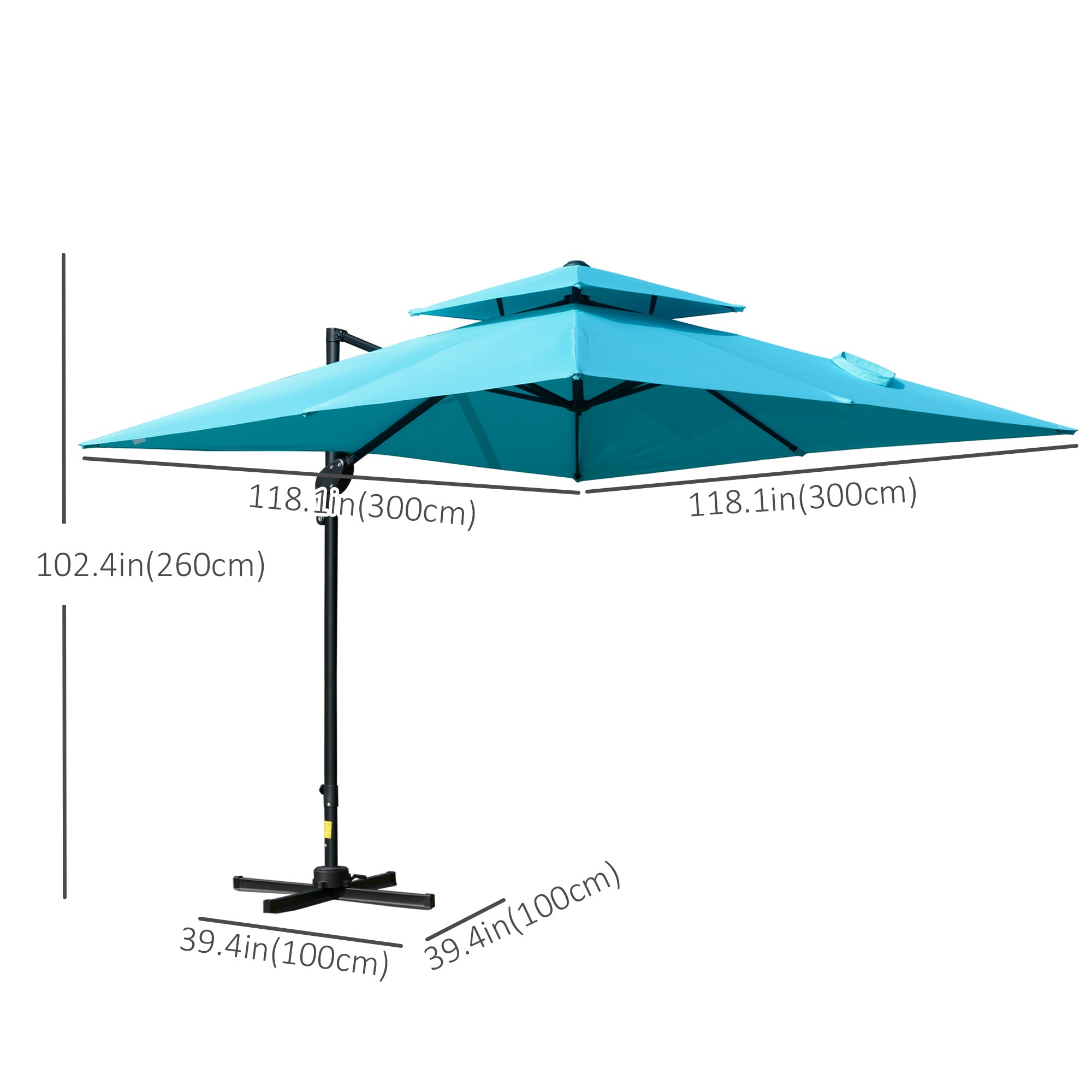 10' x 10' Cantilever Patio Umbrella, Double Top Square Offset Umbrella with 360Â° Rotation, 5 Adjustable Tilt Angles, Umbrella Cover, Aluminum Pole and Ribs, Light Blue