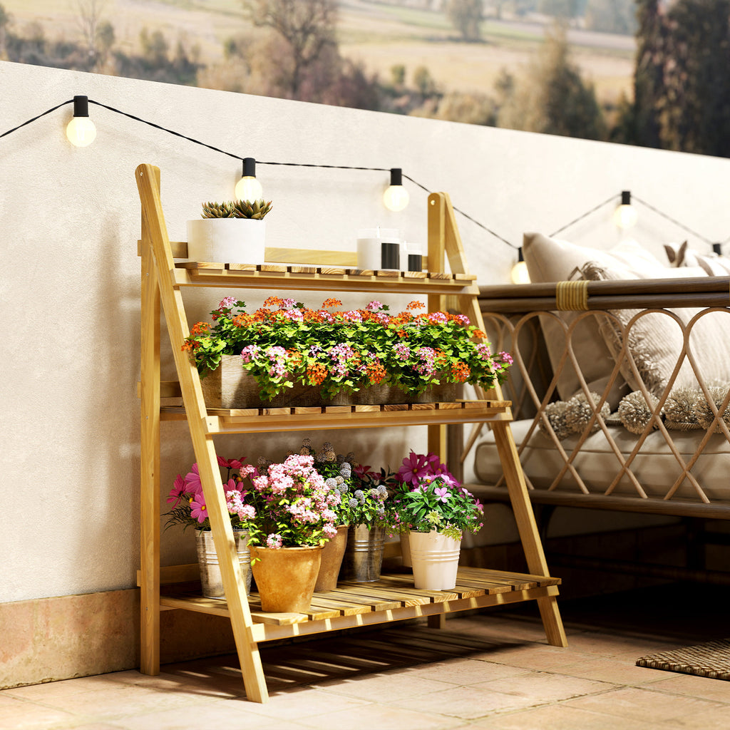 Outdoor Plant Stand, Foldable 3-Tier Wooden Plant Shelf