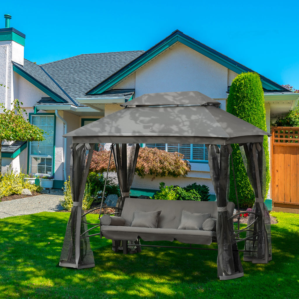 3 Person Outdoor Patio Daybed, 3 in 1 Canopy Gazebo Swing Chair Garden Hammock with Sun Shade, Mesh Mosquito and Net, Dark Grey