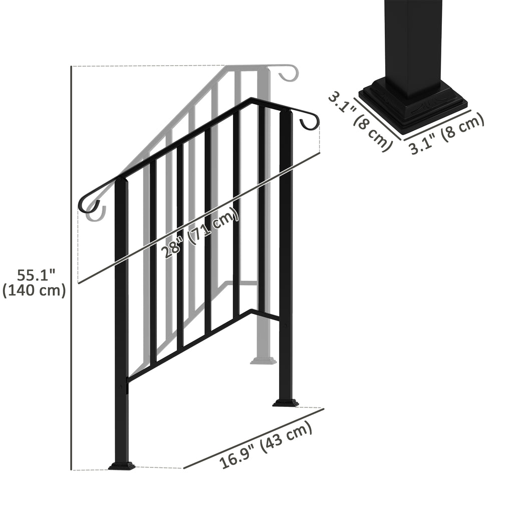 2-3 Step Handrails for Outdoor Steps, Metal Outdoor Stair Railing, Porch Deck Railing with Installation Kit, Black