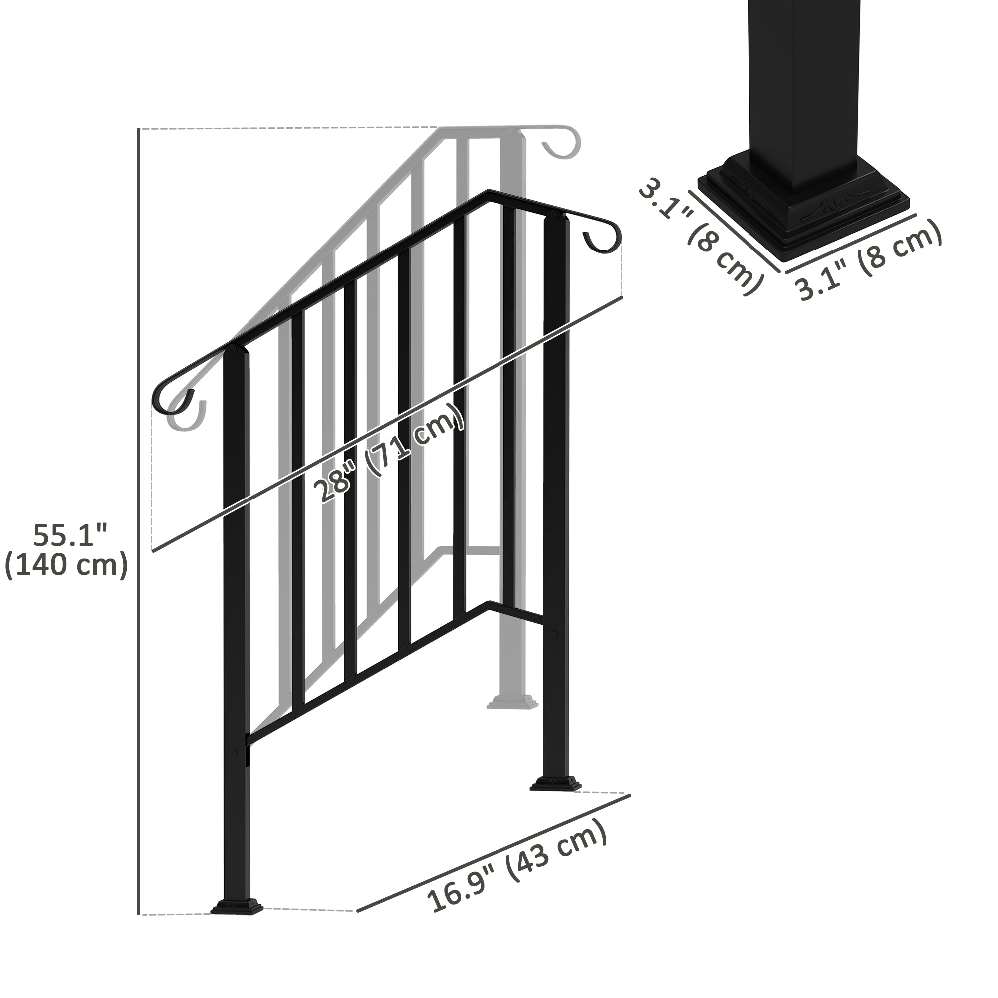 2-3 Step Handrails for Outdoor Steps, Metal Outdoor Stair Railing, Porch Deck Railing with Installation Kit, Black