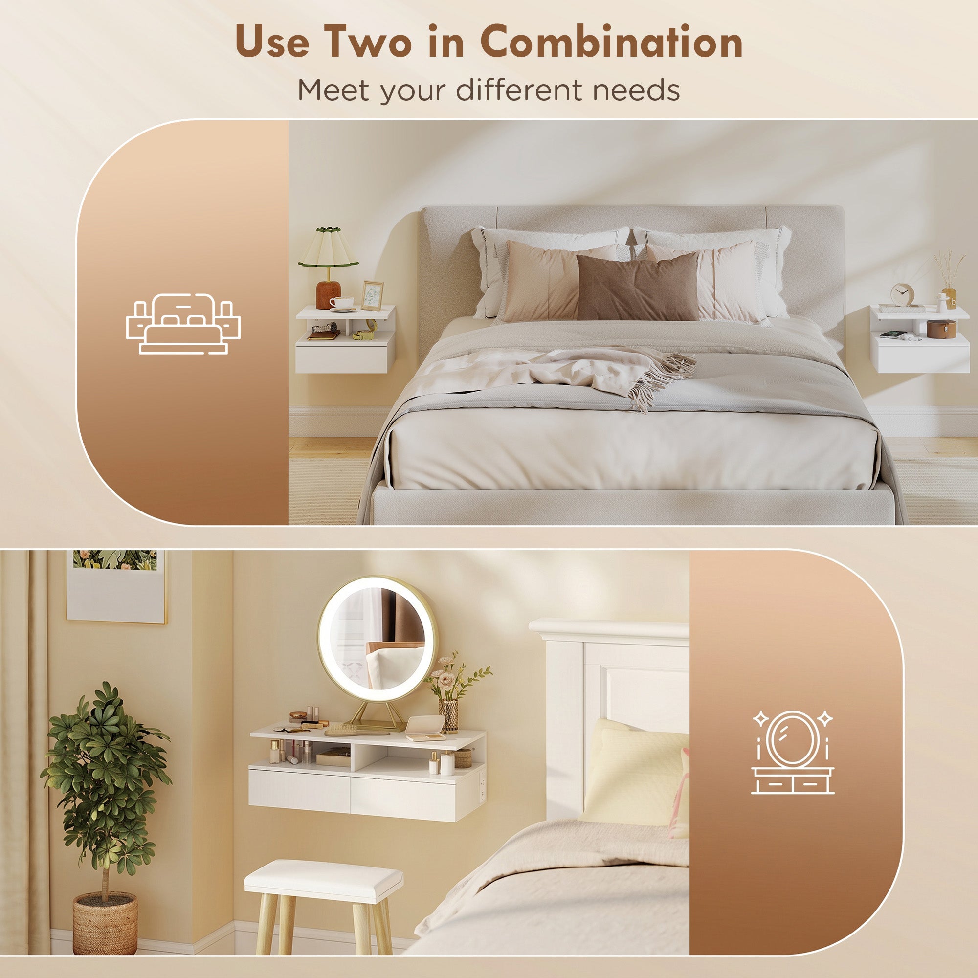 Floating Nightstand Set of 2, Wall Mounted Bedside Table with with Power Outlets, Drawer and Shelf, White