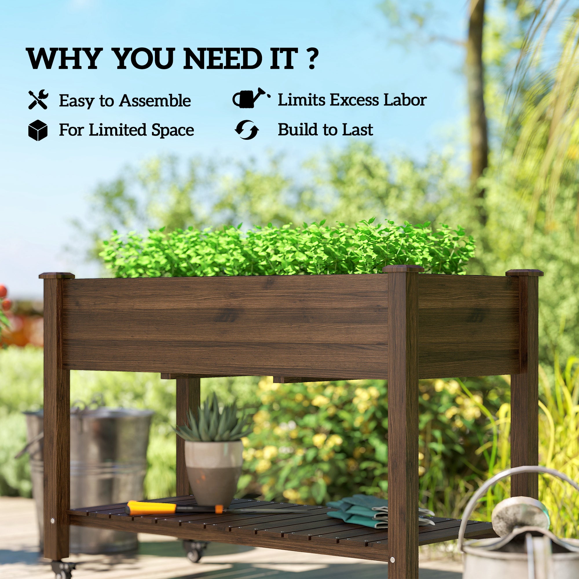 Mobile Raised Garden Bed Elevated Wood Planter Box with Lockable Wheels, Storage Shelf for Herbs Vegetables, Carbonized