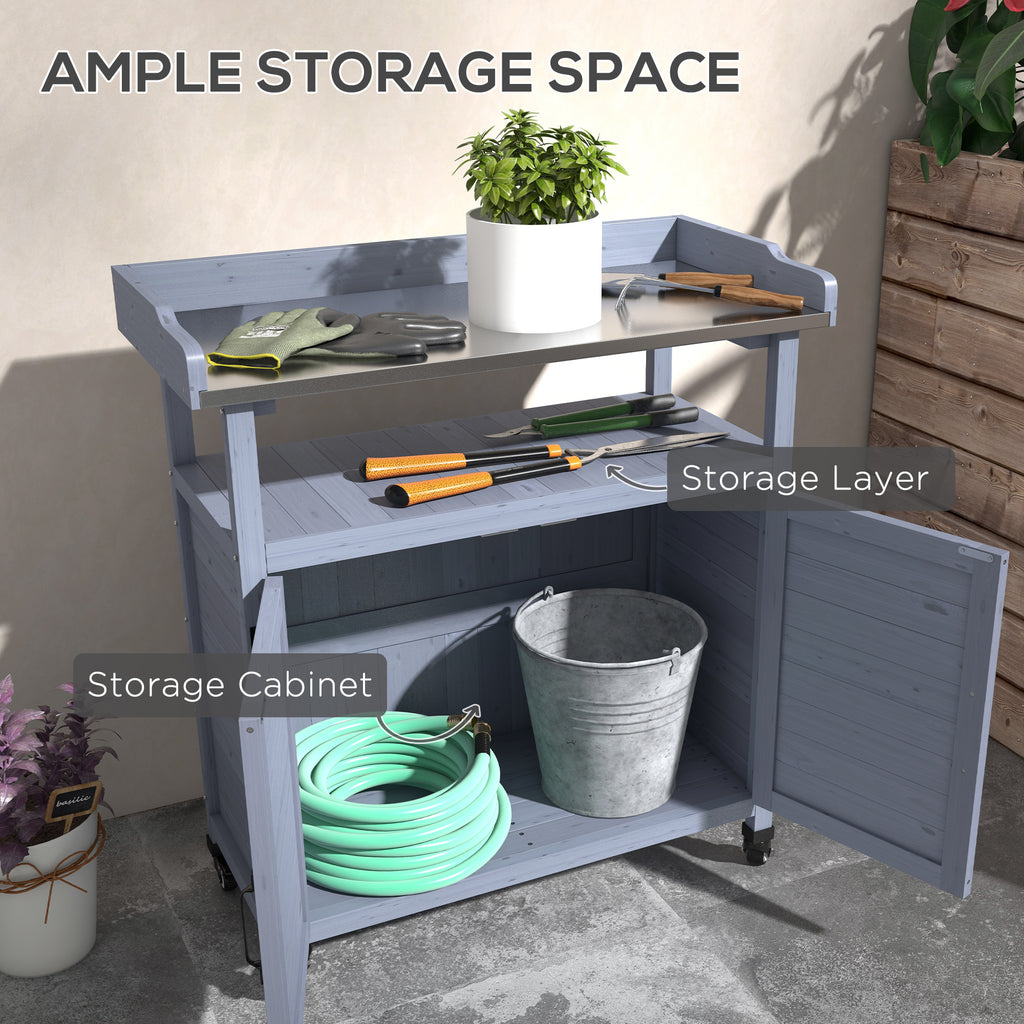 Outdoor Wooden Potting Bench with Storage Cabinet, Aluminum Tabletop, Rubber Wheels for Backyard, Patio, Balcony, Grey