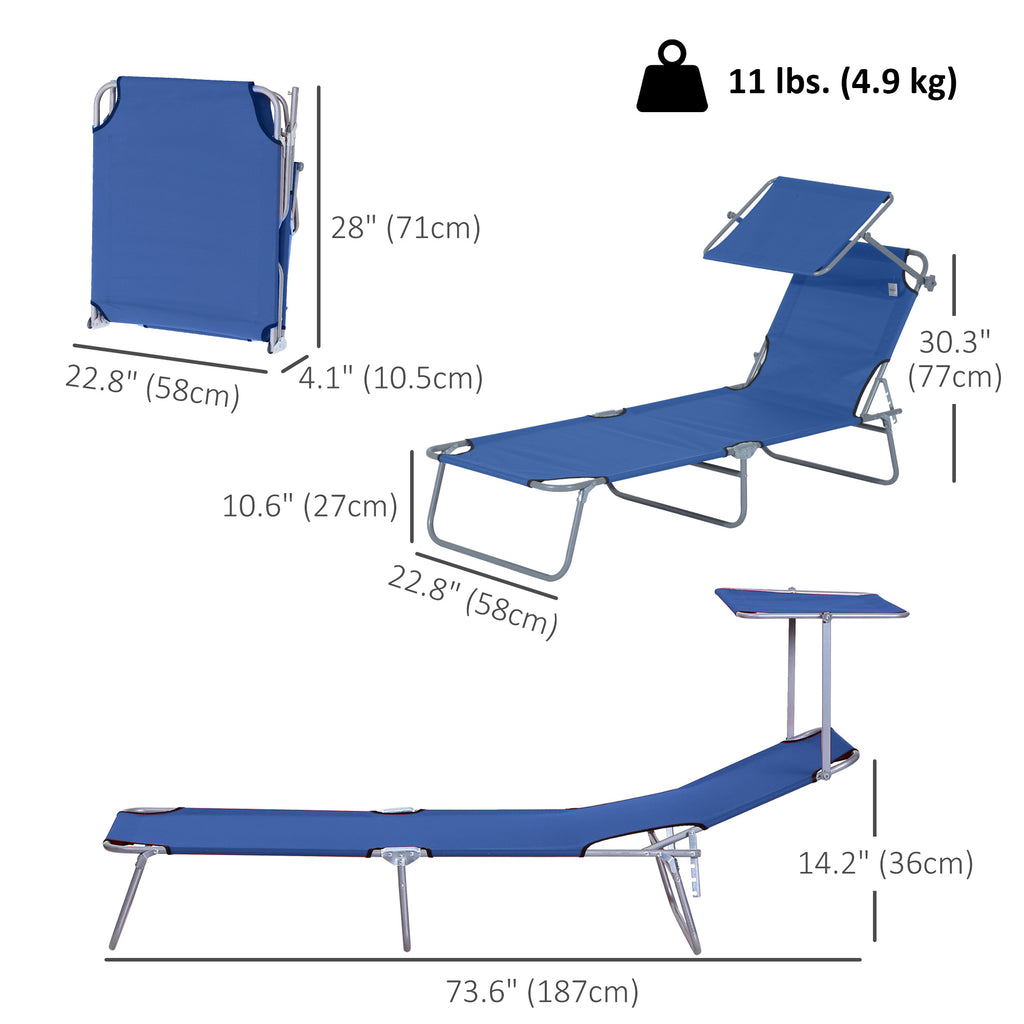 Outdoor Lounge Chair, Adjustable Folding Chaise Lounge,  Tanning Chair with Sun Shade for Beach, Camping, Hiking, Backyard, Blue