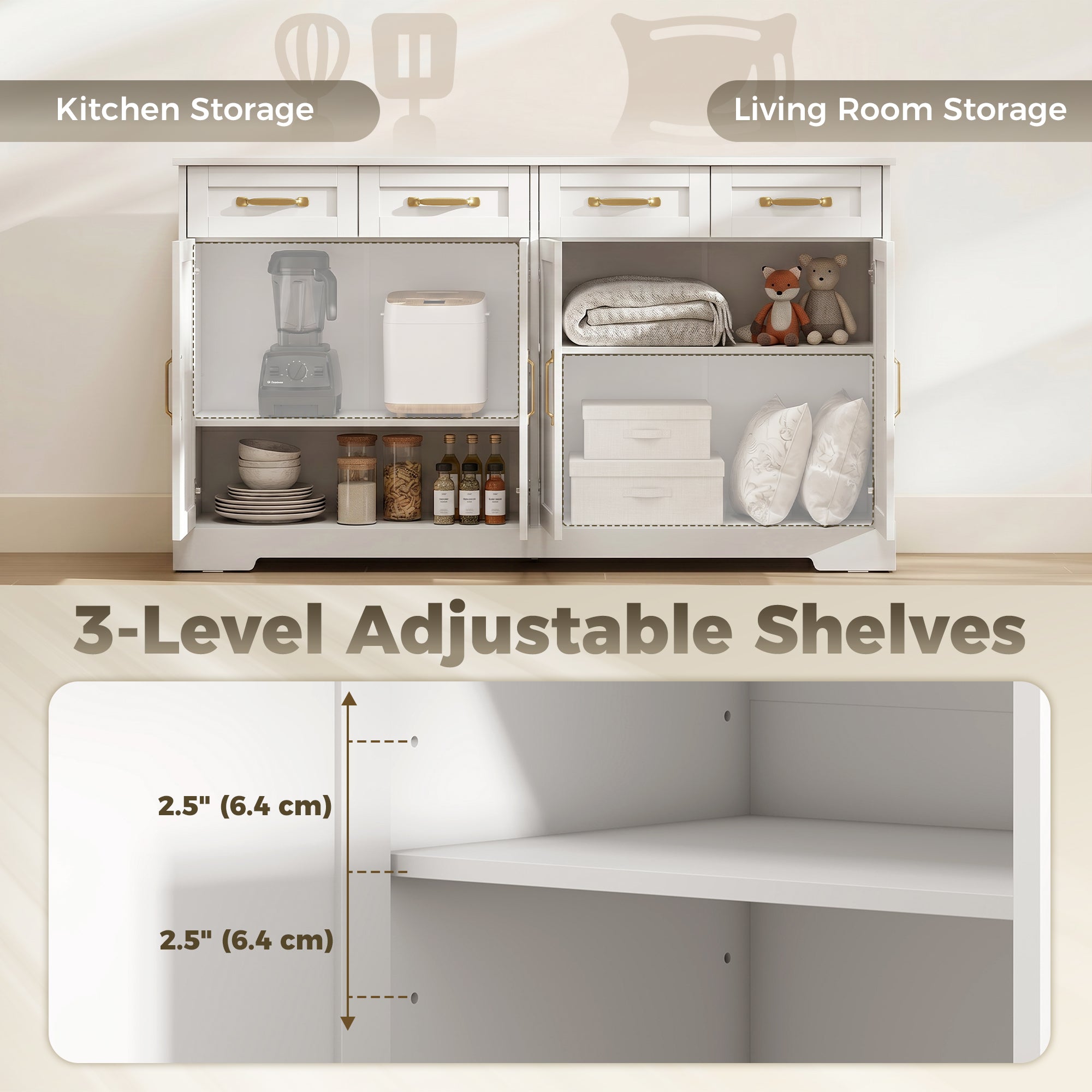 Sideboard Buffet Cabinet, 55" Modern Farmhouse Kitchen Storage Cabinet with 4 Drawers, 4 Doors and 2 Adjustable Shelves