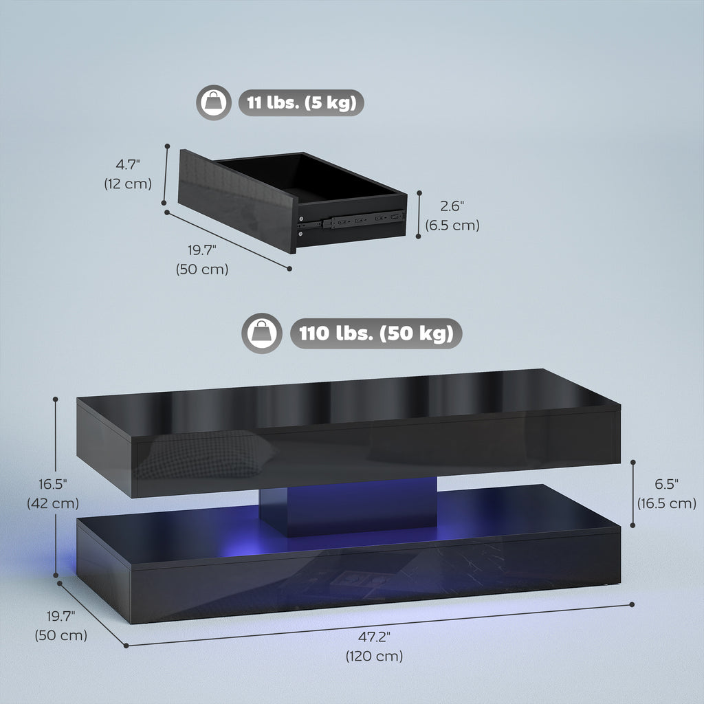 Coffee Table with Adjustable LED Lights, Modern Living Room Table with 2 Drawers, Open Shelf, Remote, High Gloss Black