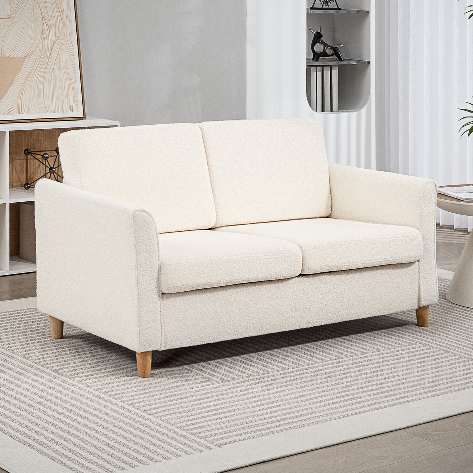 2-Seat Sofa Two-Seater Couch with Armrests and Wood Legs for Living Room, Bedroom, Cream White