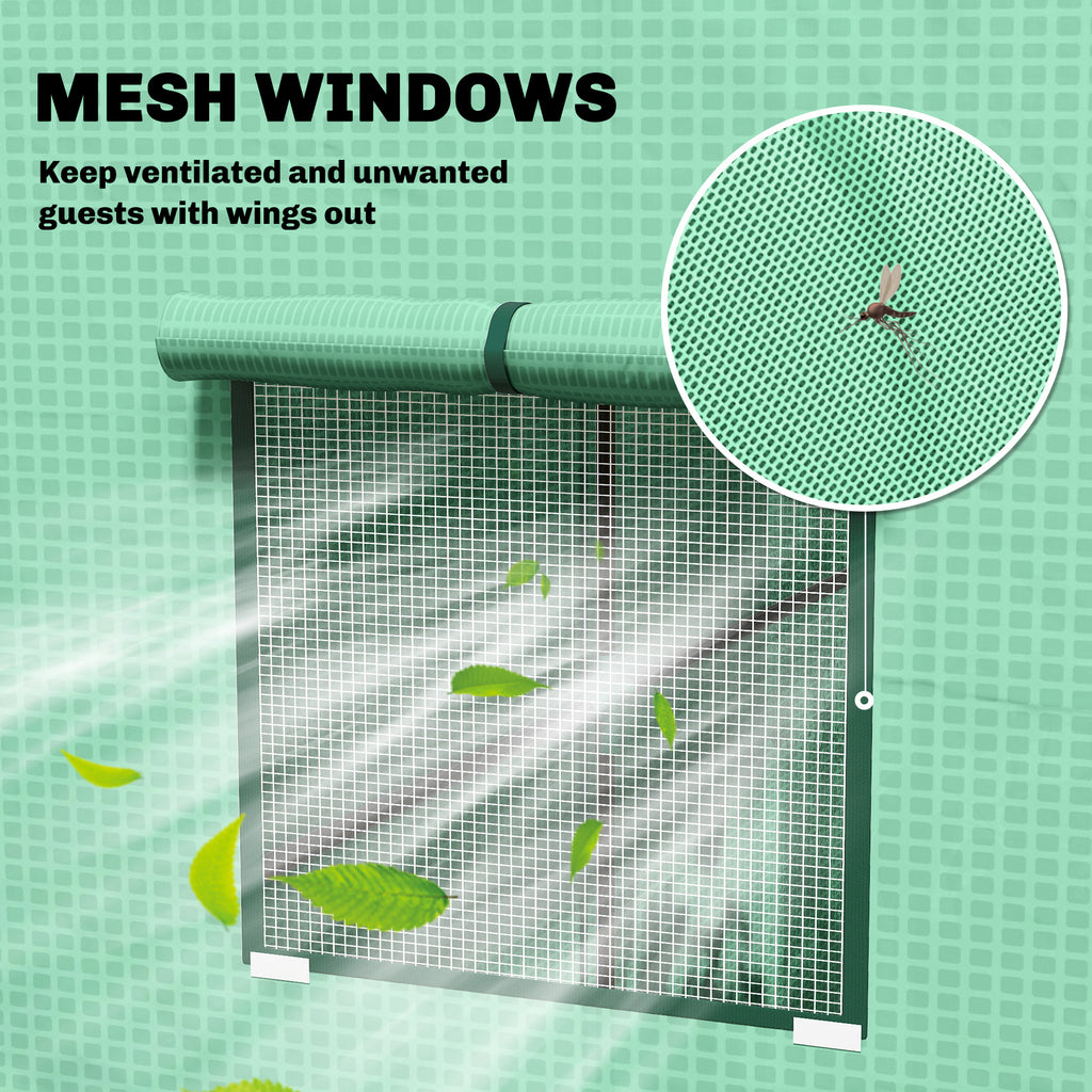 Walk-in Tomato Greenhouse Lean-to Green House with Reinforced PE Cover, Roll-up Door, Mesh Windows, Green