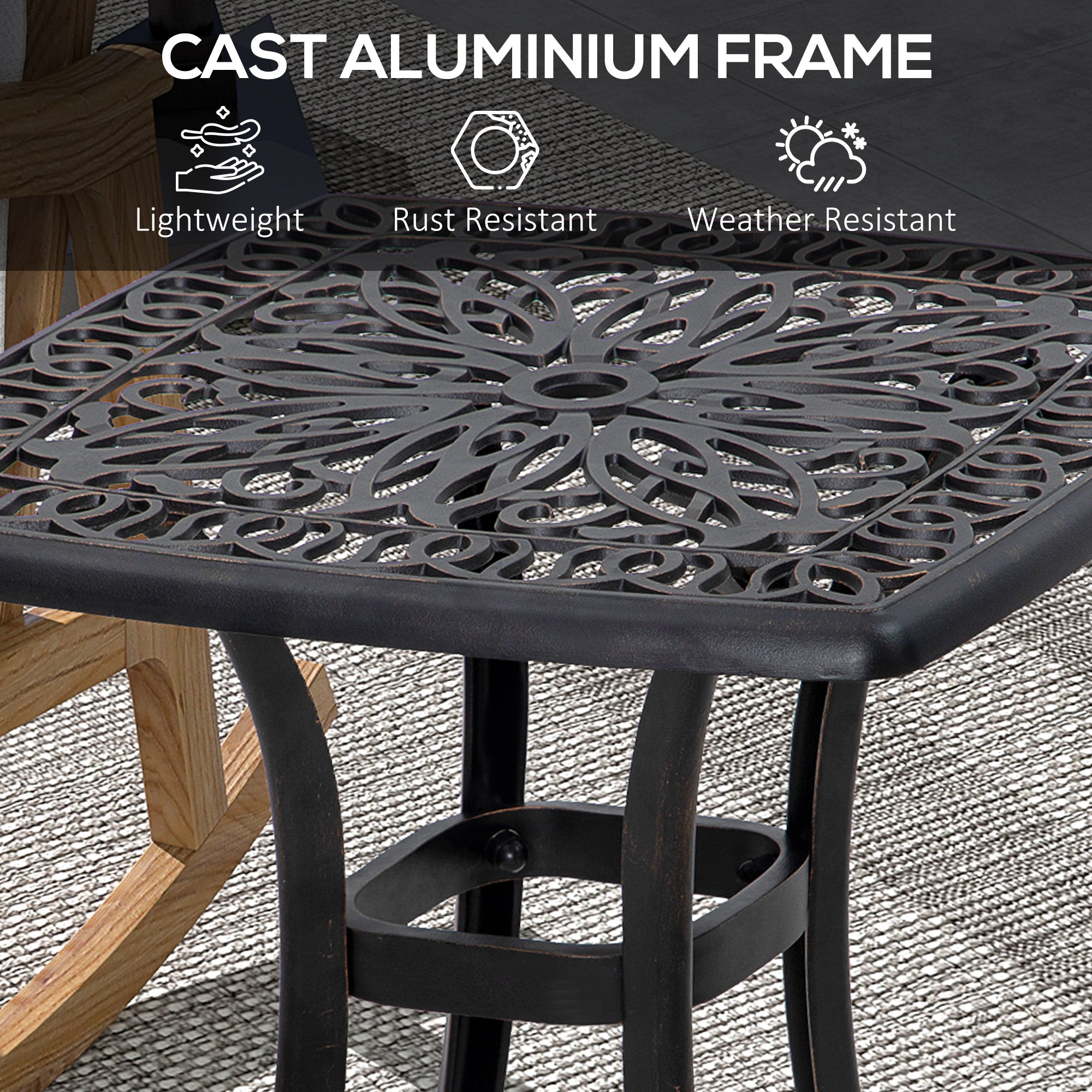 21" Square Outdoor End Table, Cast Aluminum Patio Side Table with Umbrella Hole for Garden, Balcony, Poolside, Bronze