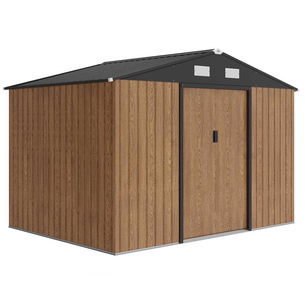9.1'x6.4'x6.3' Garden Storage Shed, Outdoor Storage Tool House with Vents, Foundation and Lockable Double Doors, Teak
