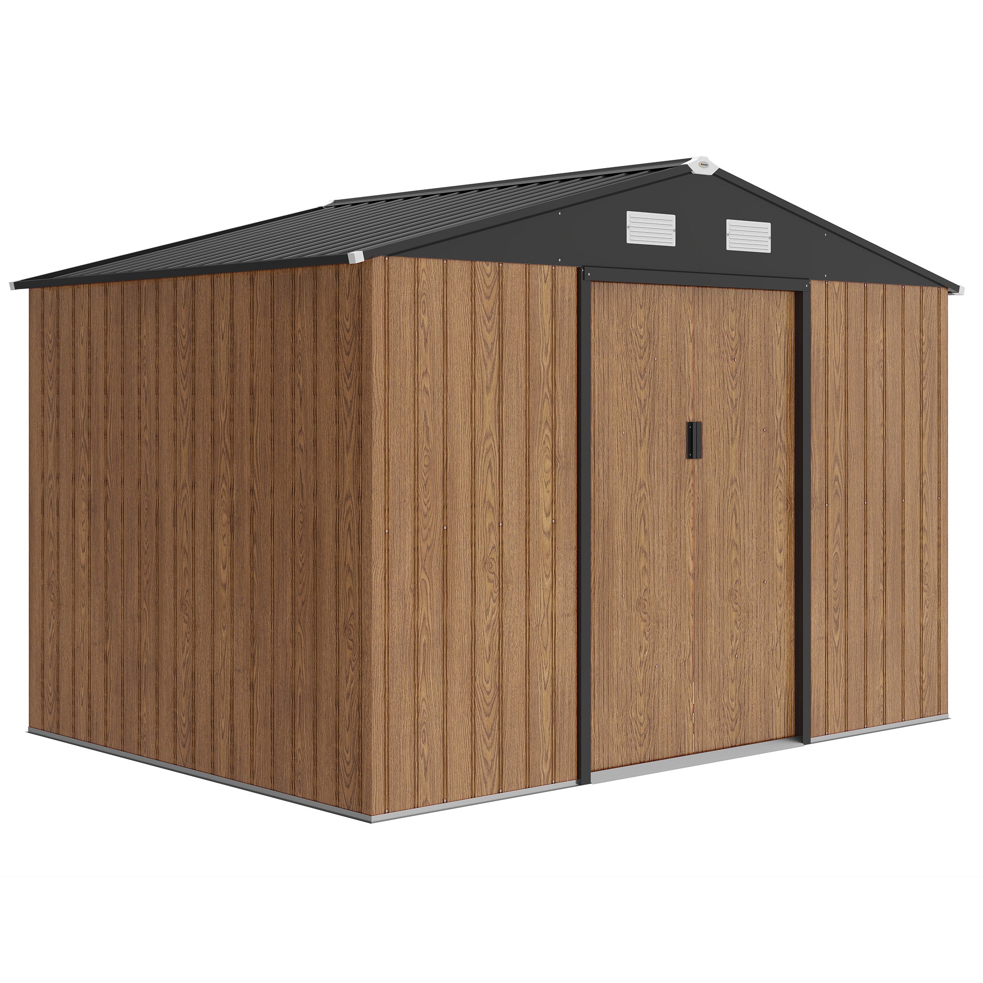 9.1'x6.4'x6.3' Garden Storage Shed, Outdoor Storage Tool House with Vents, Foundation and Lockable Double Doors, Teak