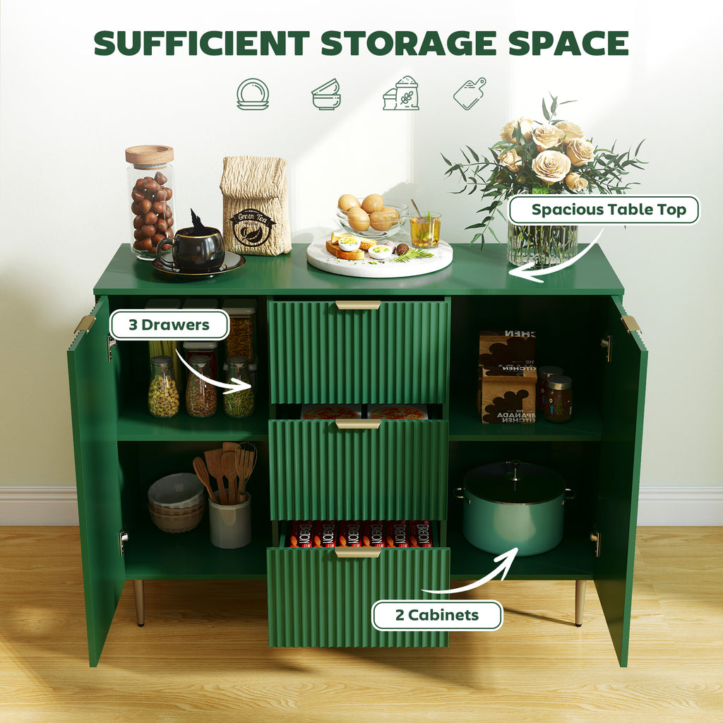 Modern Kitchen Storage Cabinet, Sideboard Buffet Cabinet w/ 3 Drawers and Adjustable Shelves for Kitchen Hallway, Green