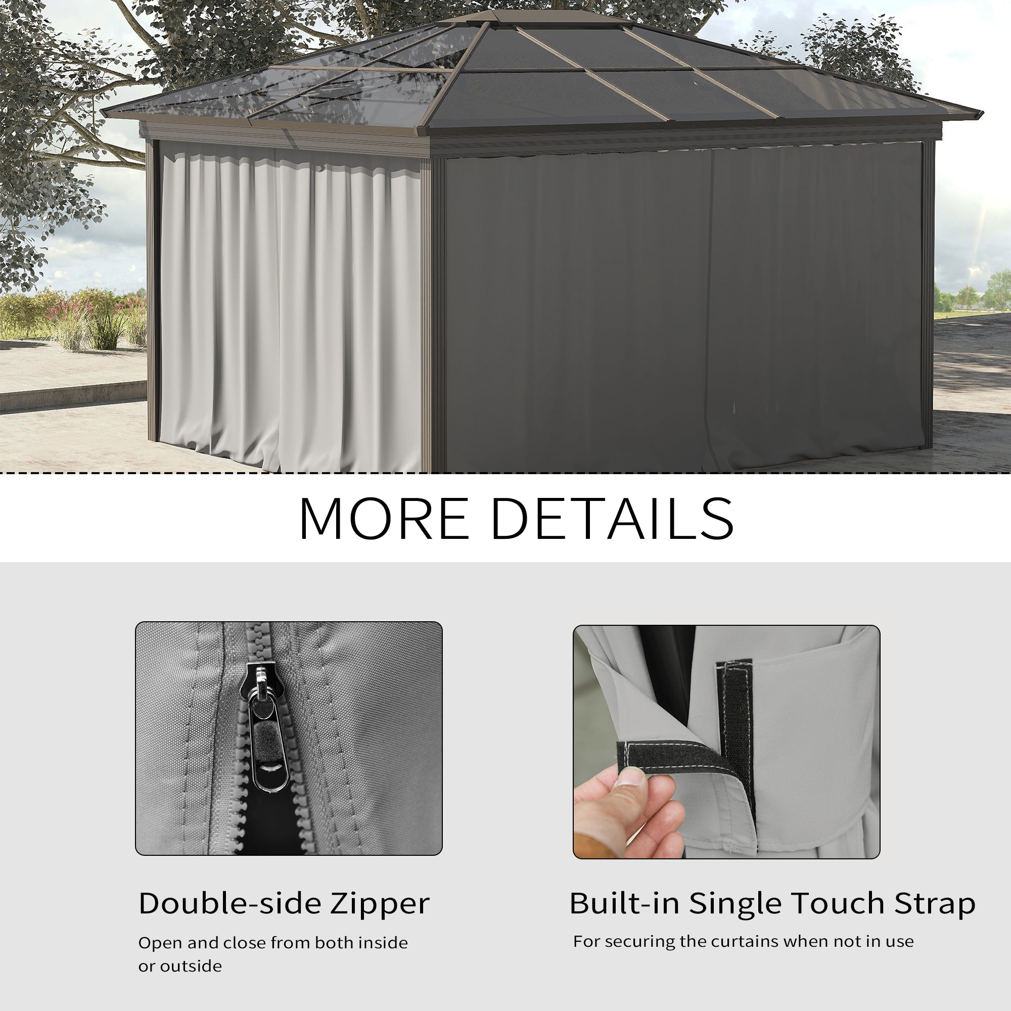 Gazebo Curtains, 10' x 10' Universal Replacement Privacy Curtain, 4-Panels Sidewall with Hooks/C-Rings, Light Grey