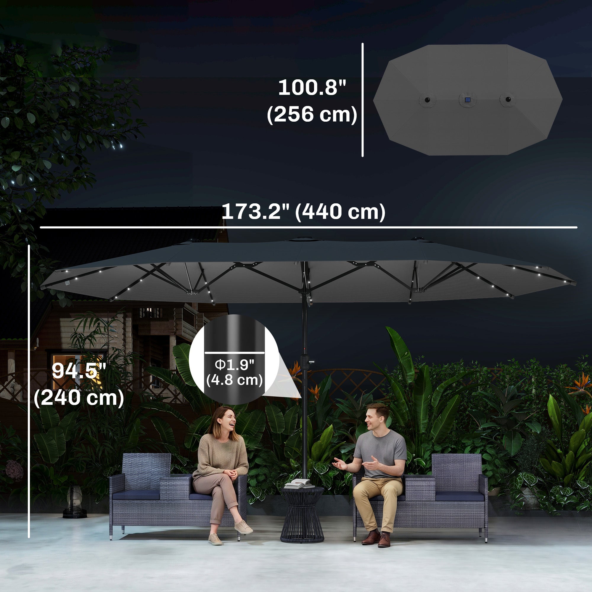 173" Double-Sided Sun Umbrella Garden Parasol Patio Sun Shade Outdoor with LED Solar Light, No Base Included, Dark Gre