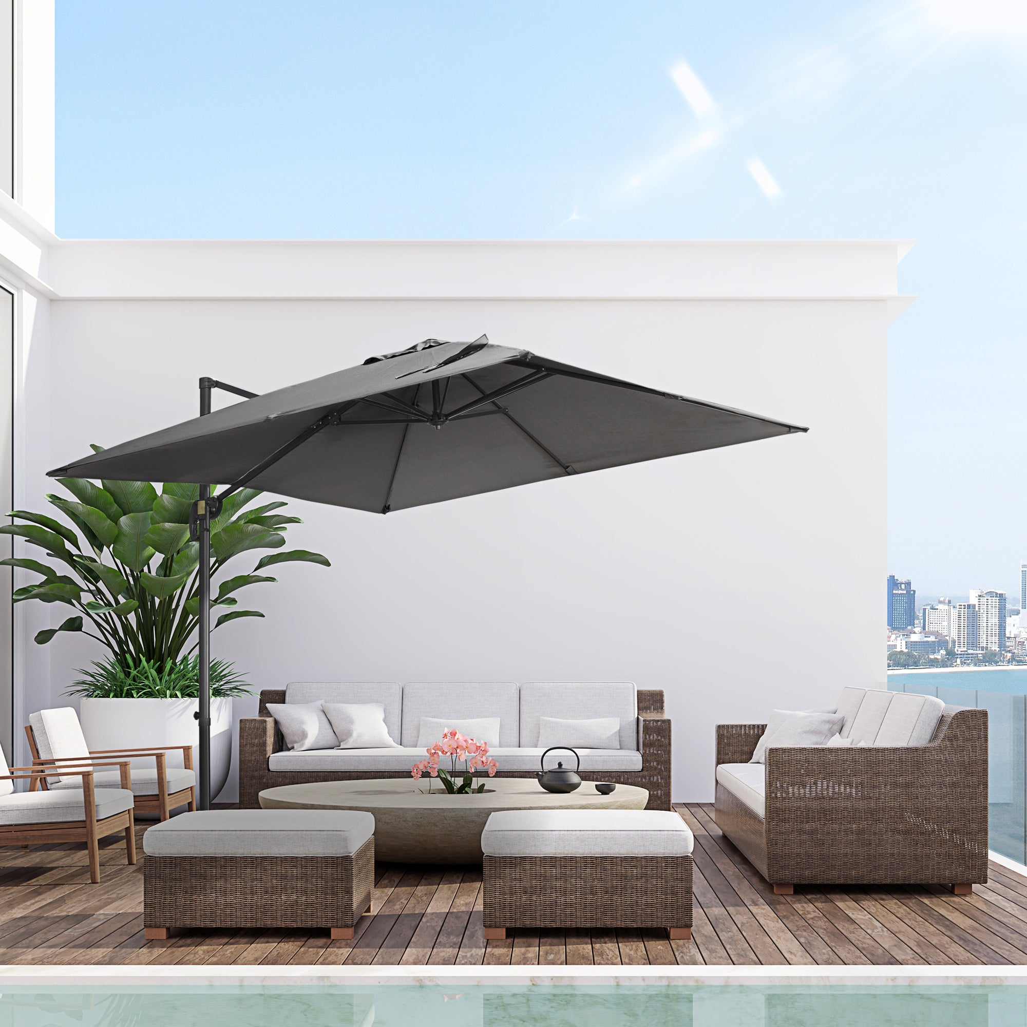 9ft Cantilever Patio Umbrella, Square Overhanging Umbrella with Cross Base, Crank Handle, Tilt, 360Â° Rotation and Aluminum Frame, Dark Grey