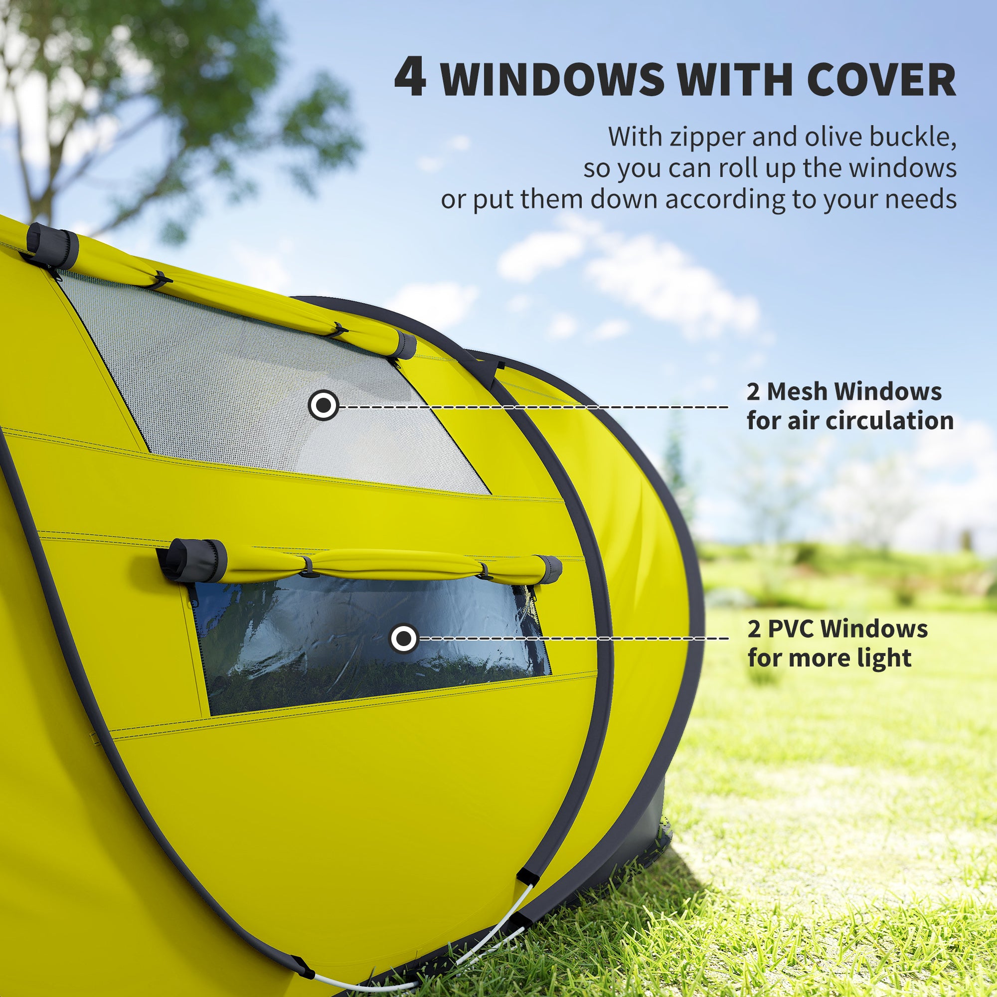 4 Person Camping Tent, Easy Pop Up Tent with Doors, Windows and Carry Bag, Automatic Setup Tent for Hiking, Yellow