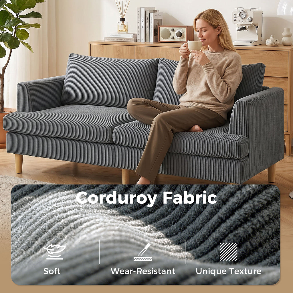 3 Seater Sofa, 74" Modern Corduroy Upholstered Couch with Thick Spring Cushions, Solid Wood Legs, Armrests, Dark Grey