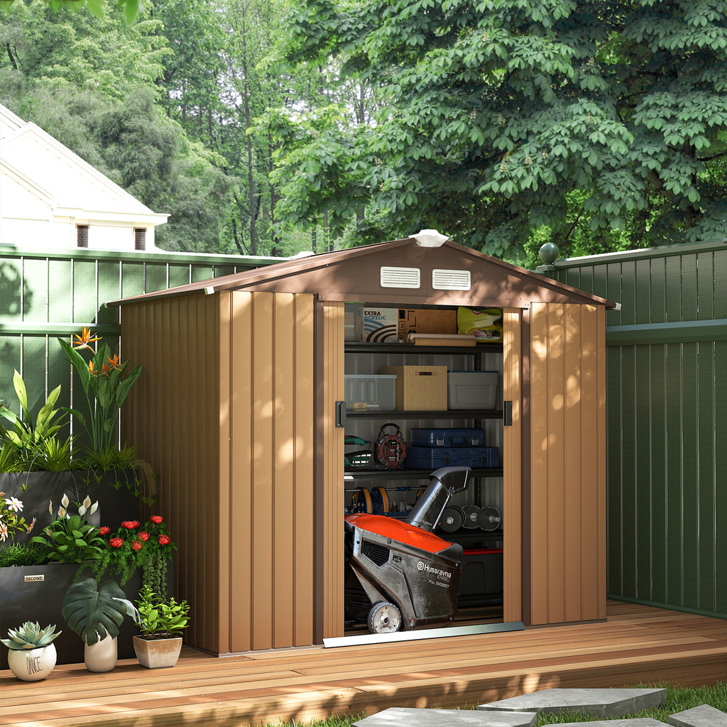 7' x 4' x 6' Garden Storage Shed Outdoor Patio Metal Tool Storage House w/ Foundation Kit and Double Doors Yellow