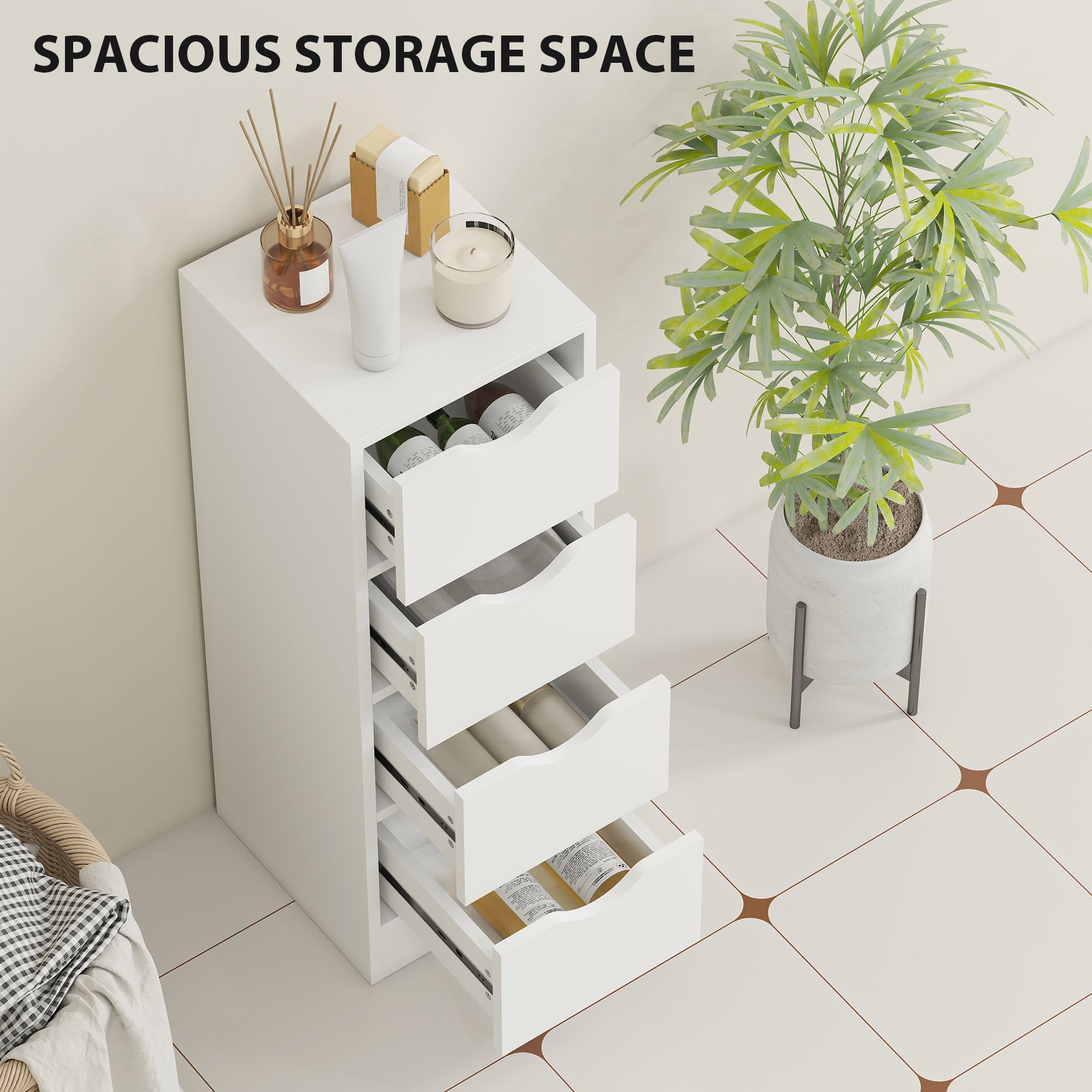 4-Drawer Bathroom Cabinet, Freestanding Narrow Storage Cabinet with Groove Handles for Small Spaces, White