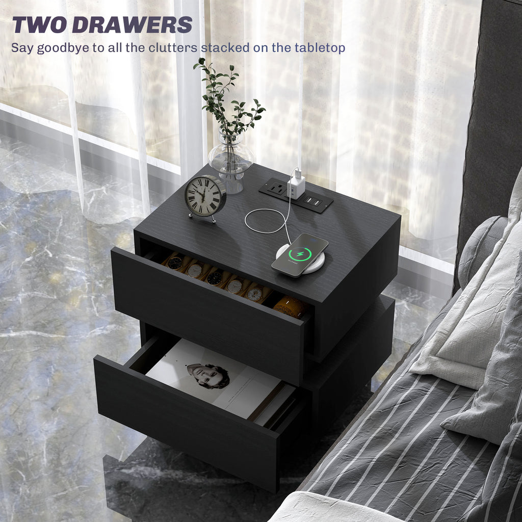 Bedside Table with Charging Station and LED Light Modern Nightstand with USB Ports AC Outlets Drawers Remote, Black